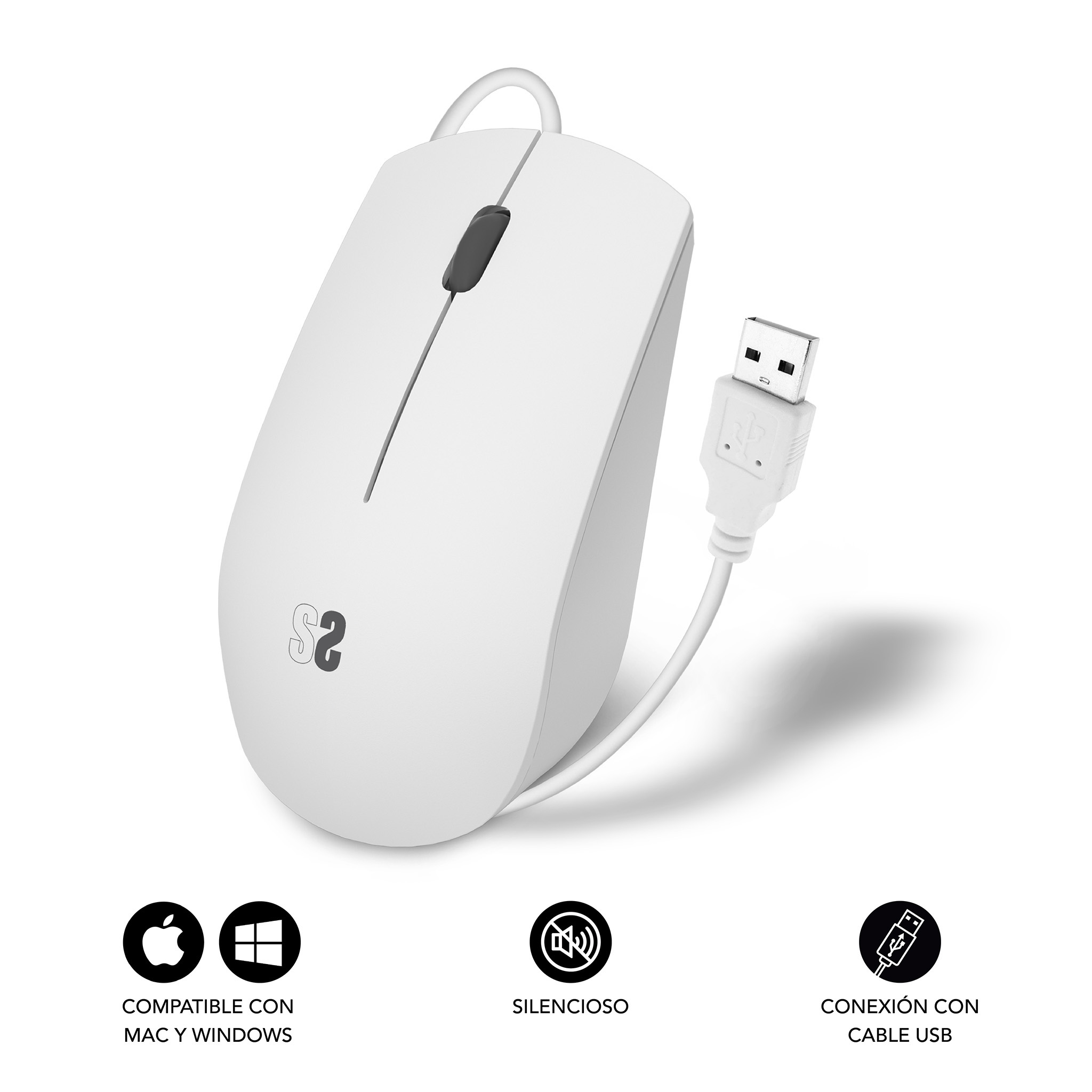 White mouse with a USB cable and the Apple and Windows compatible symbols are present.