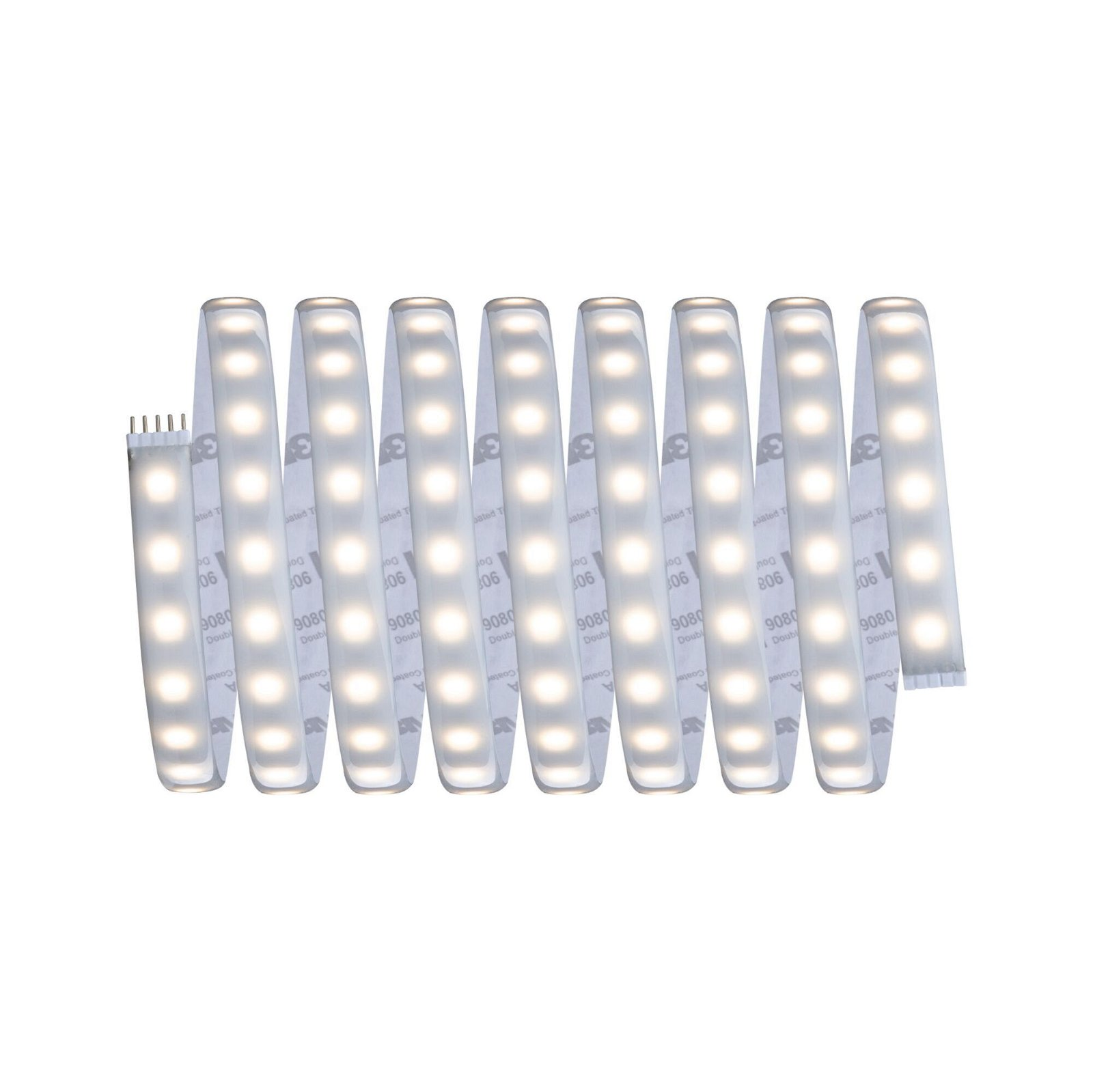 Paski LED, zwinięte na białym tle, emitujące ciepłą poświatę.