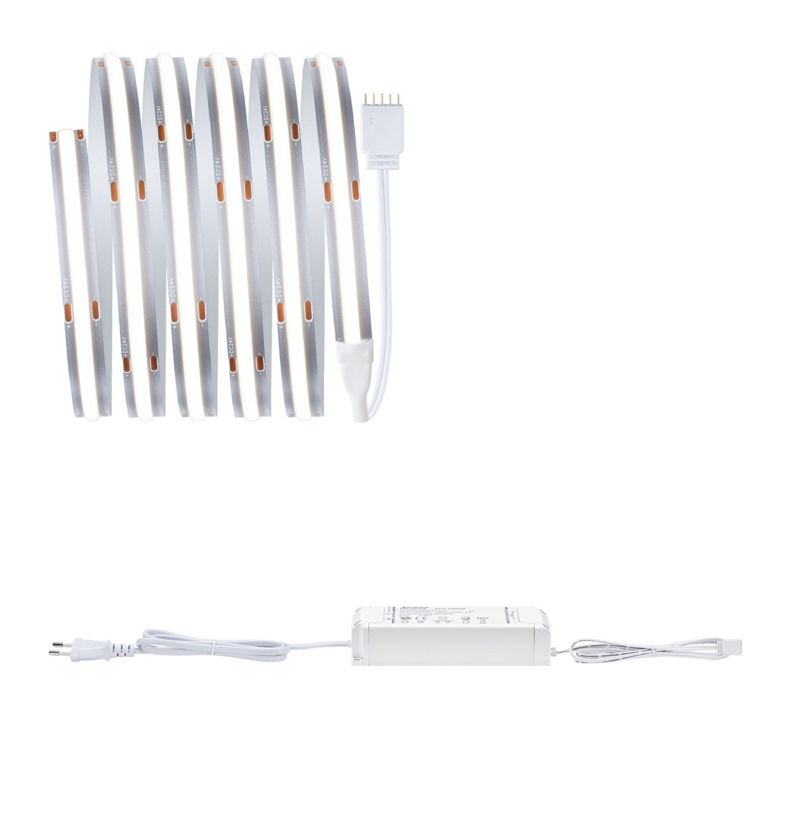 Białe paski LED ze złączem są wyświetlane na białym tle. Widoczny jest również zasilacz.