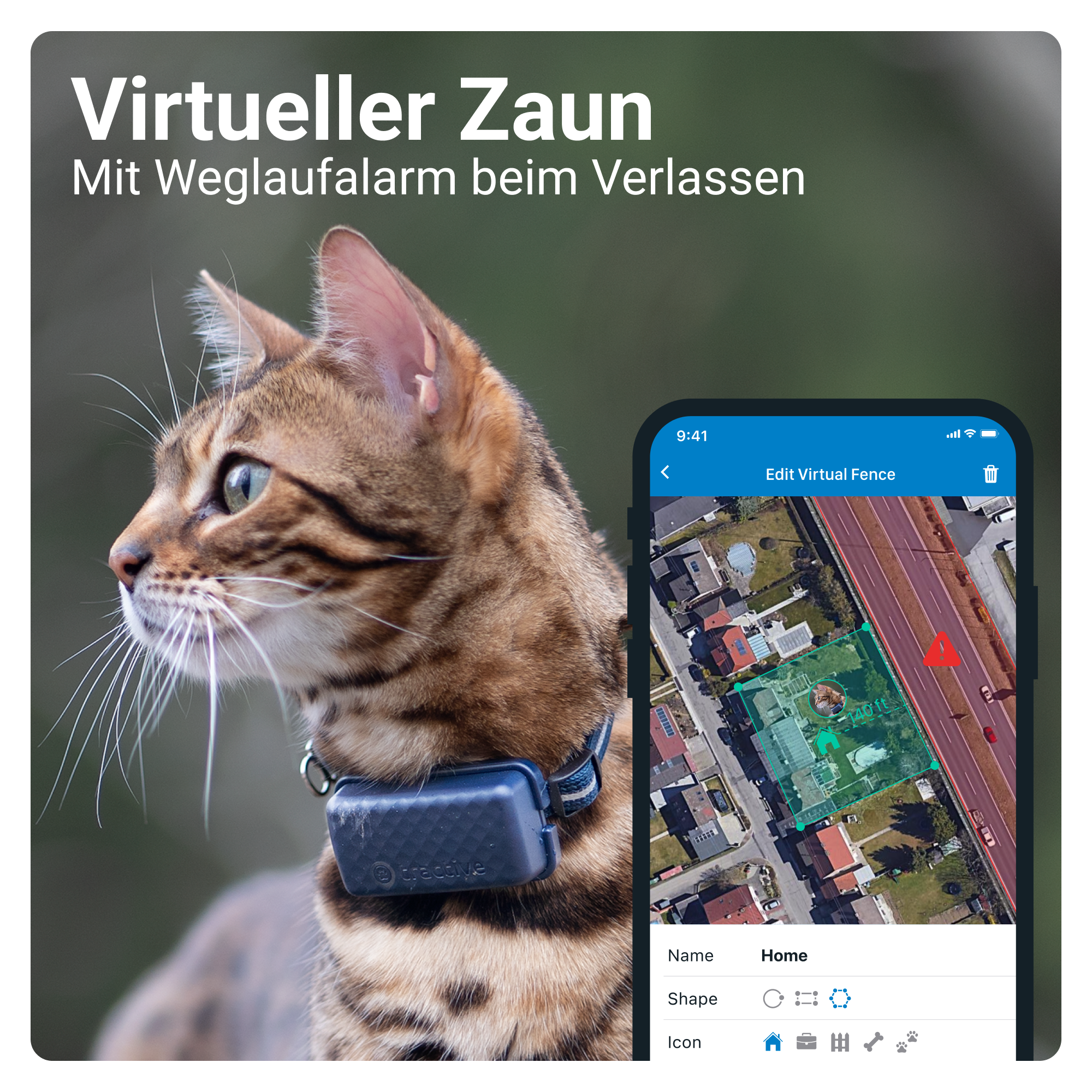 Eine Katze mit Tracker-Halsband und ein Telefonbildschirm mit einer Karte.
