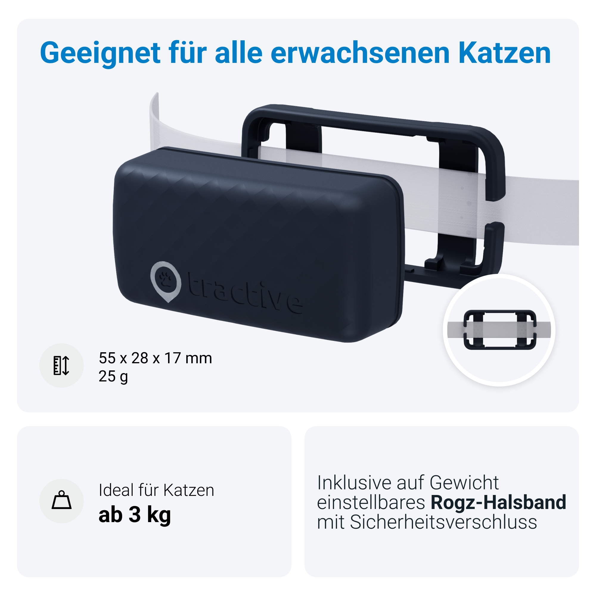 Ein schwarzes Ortungsgerät mit weißem Text und Text, der ein Halsband für Katzen angibt.