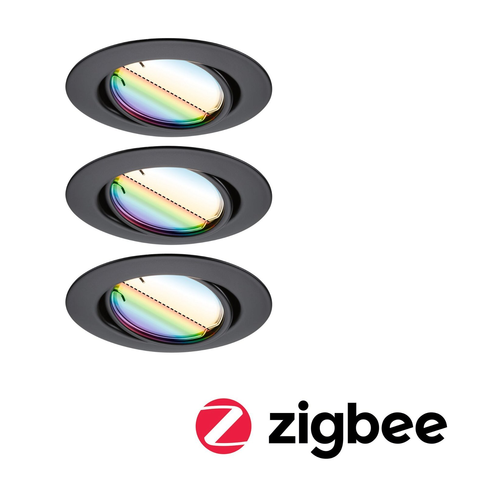 Trzy czarne lampy wpuszczane z logo Zigbee, każda z efektem tęczy.