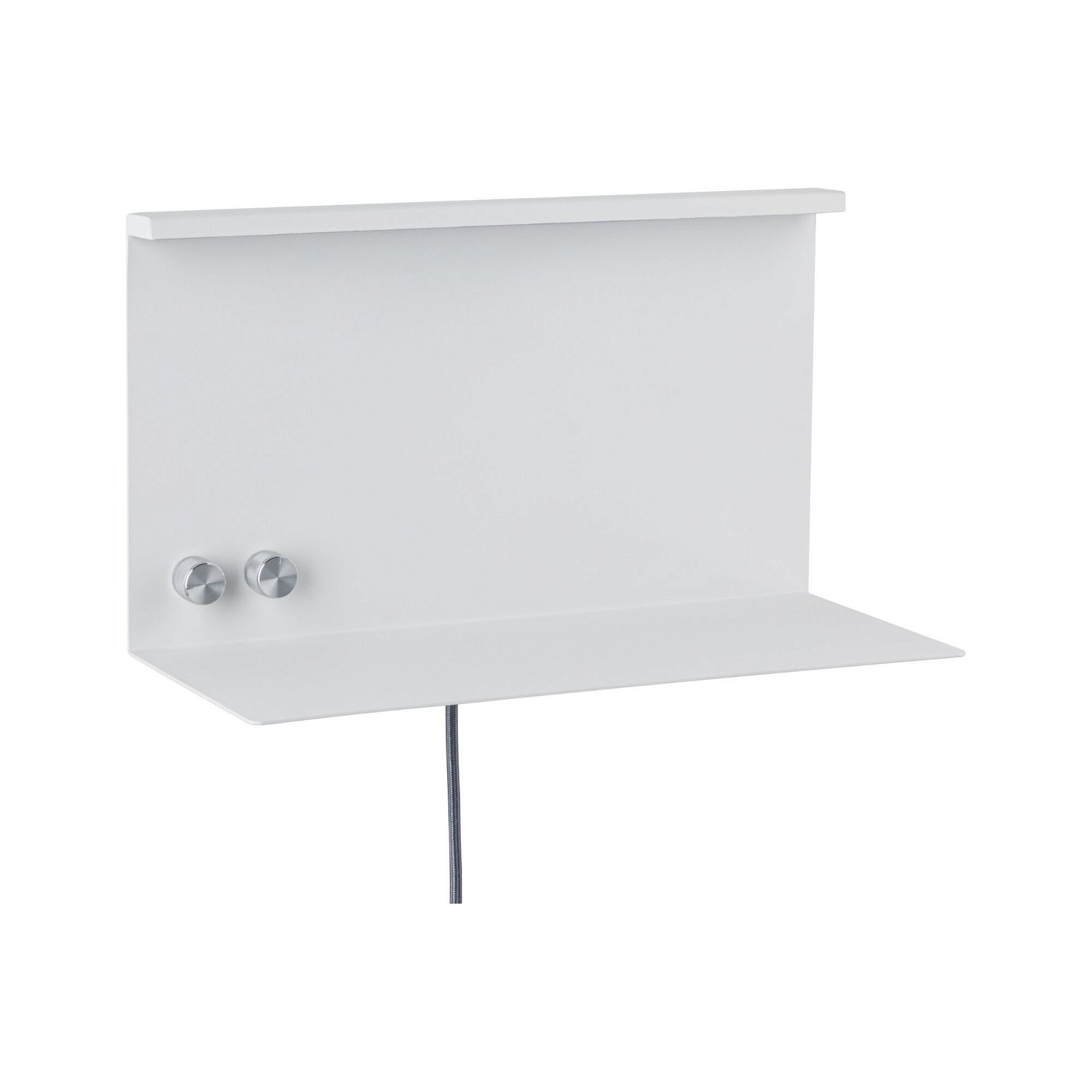 Biała półka naścienna z dwoma srebrnymi pokrętłami pod górną półką.