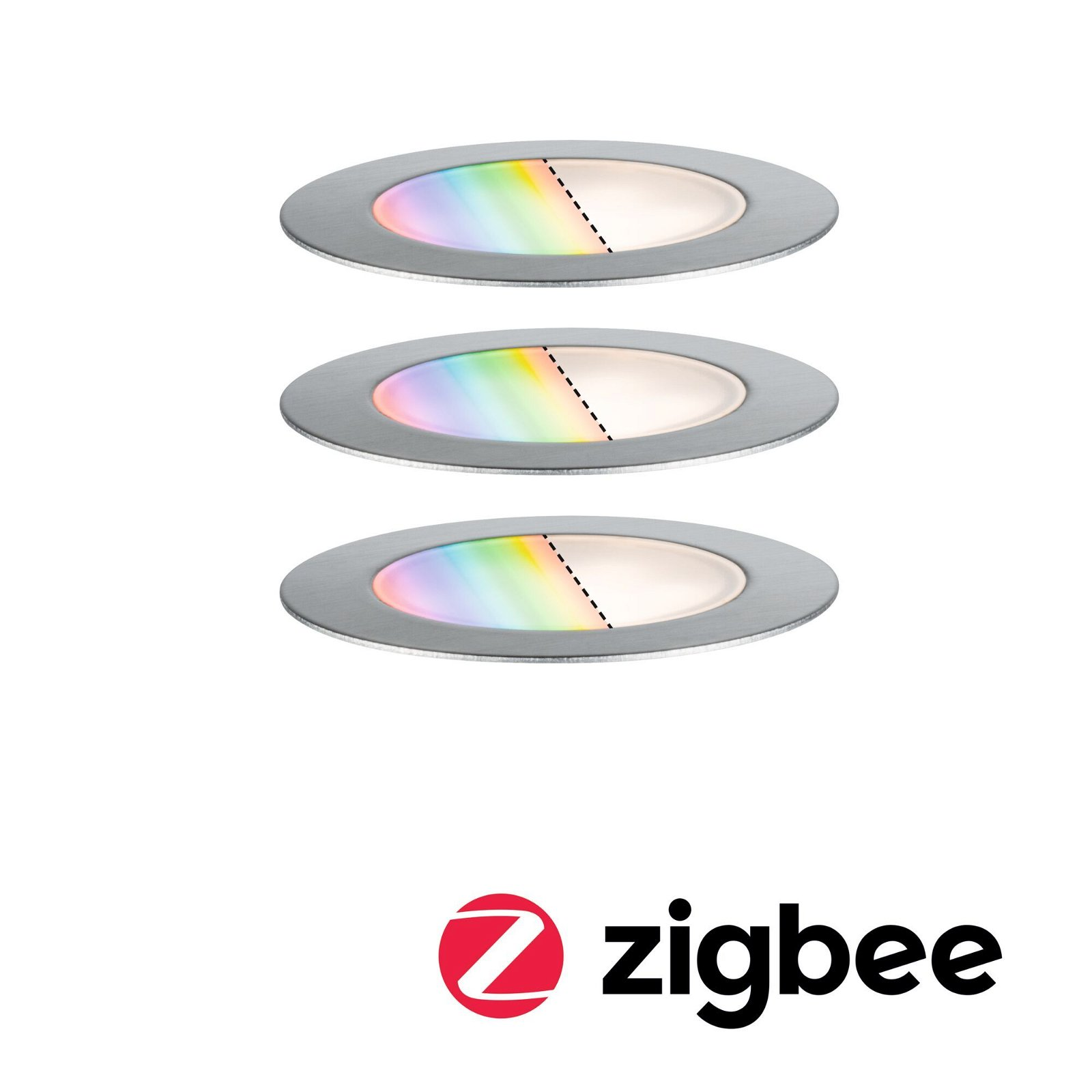 Drei ovale, silberfarbene Lichter mit regenbogenfarbigen Lichtern. Zigbee-Logo unten.