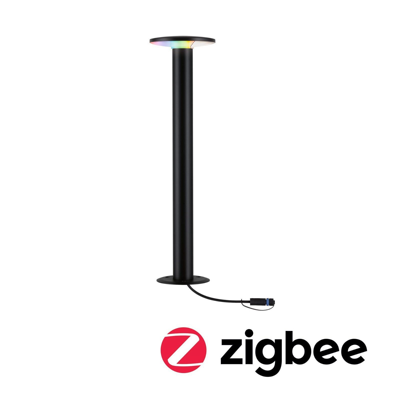 Wysoka, czarna lampa zewnętrzna z okrągłym światłem na górze i logo Zigbee na dole.