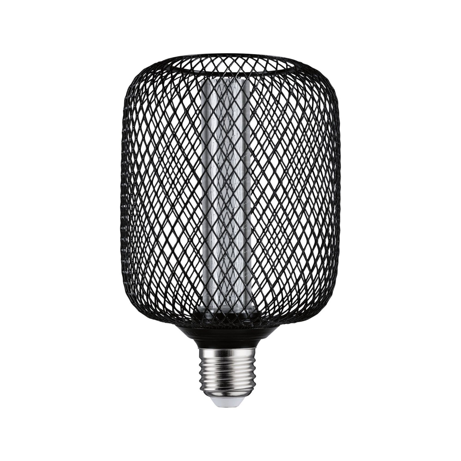 Czarna lampa z metalowej siatki. Lampa ma srebrne wnętrze i gwint E27.