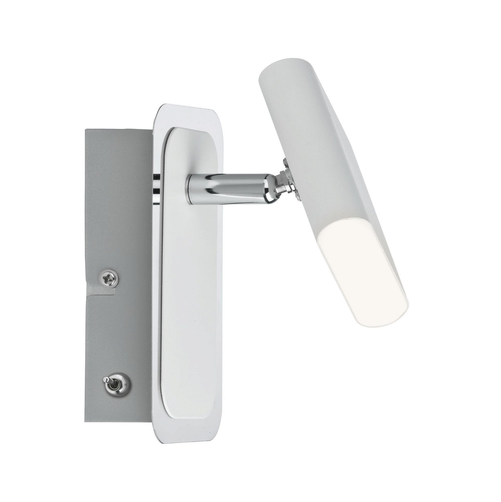 Biała lampa ścienna. Chromowane ramię i prostokątne źródło światła. Białe tło.