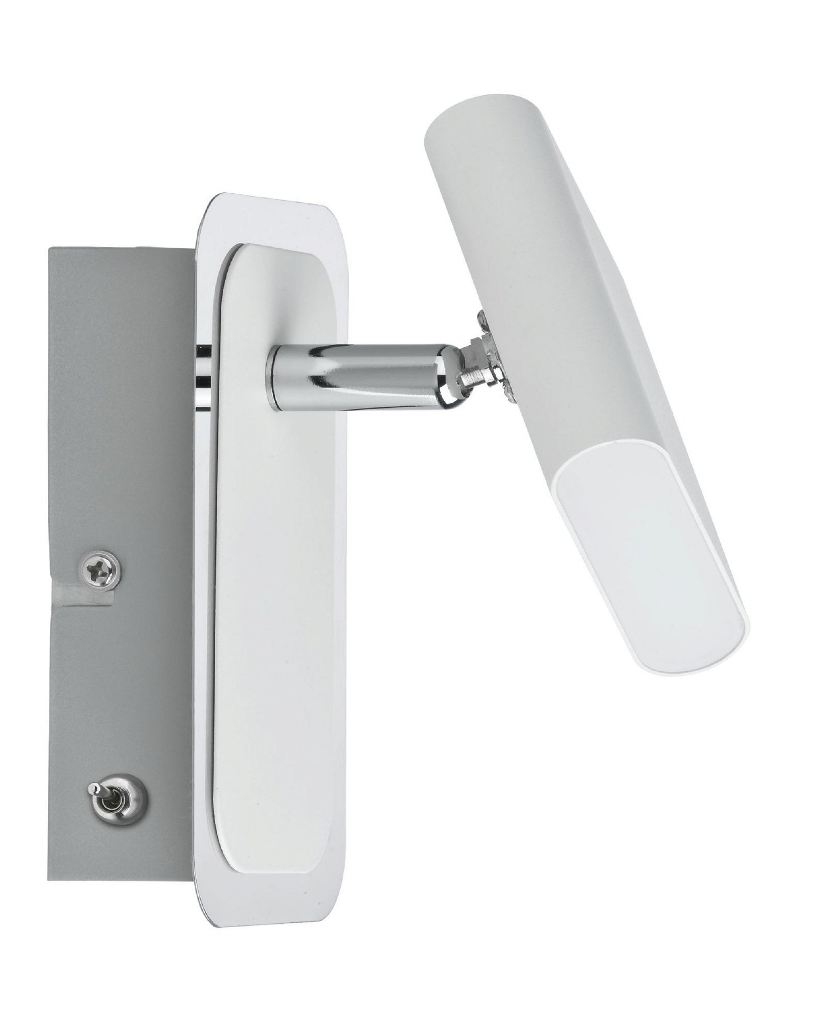 Biała lampa ścienna z obrotowym światłem. Jest zamontowana na szarej powierzchni.