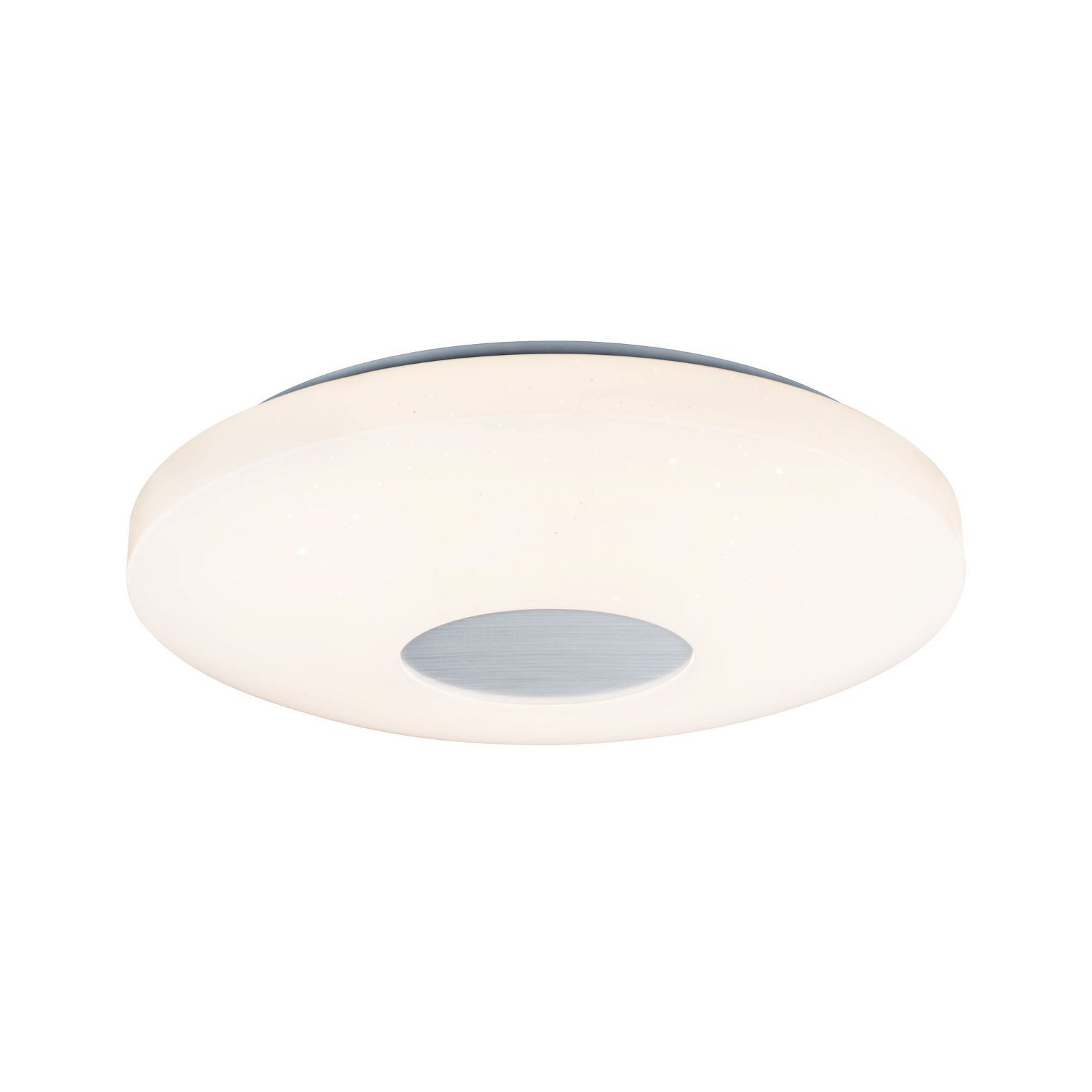 Biała lampa sufitowa z małym otworem pośrodku.