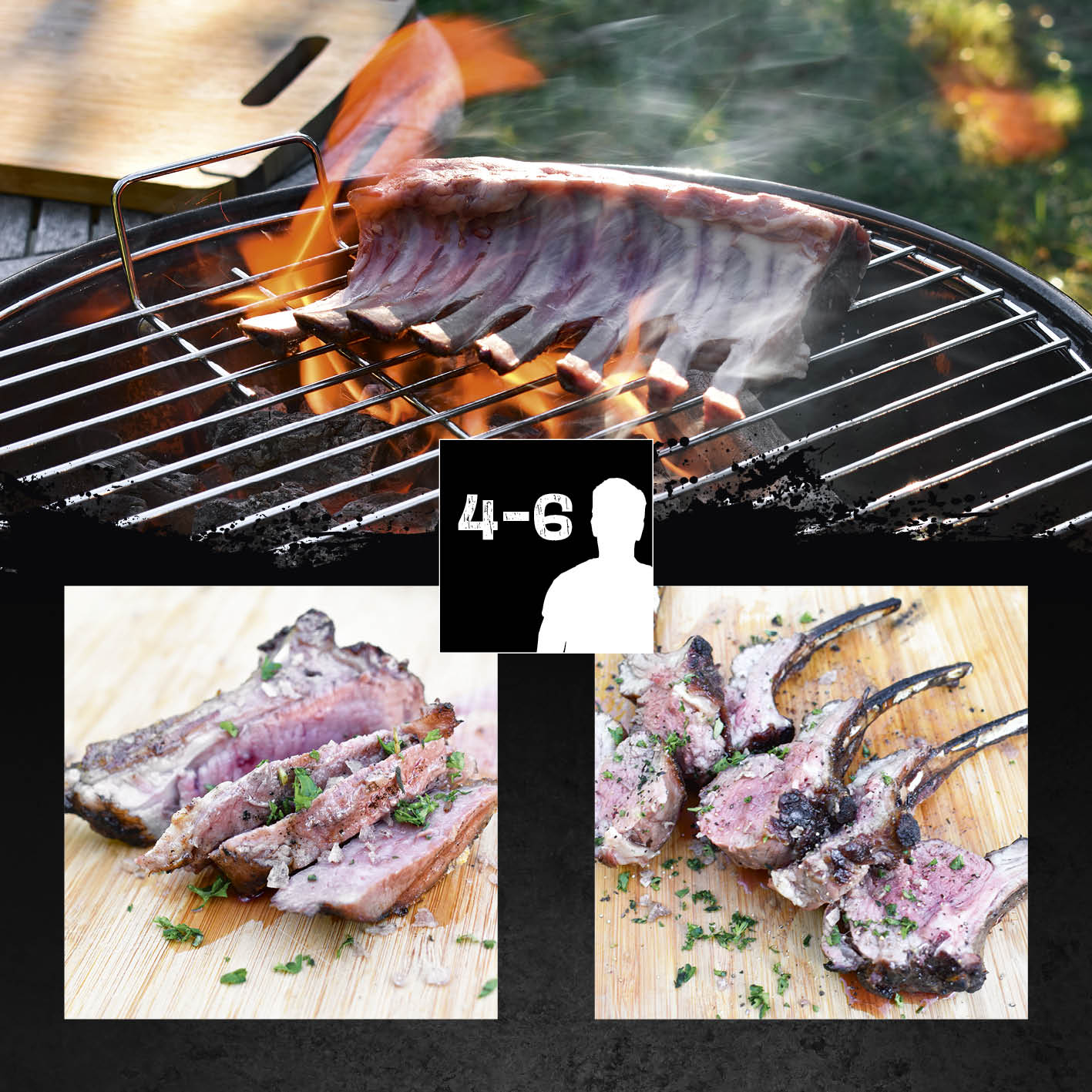 Żebra na grillu z płomieniami, zbliżenie na ugotowane żeberka.