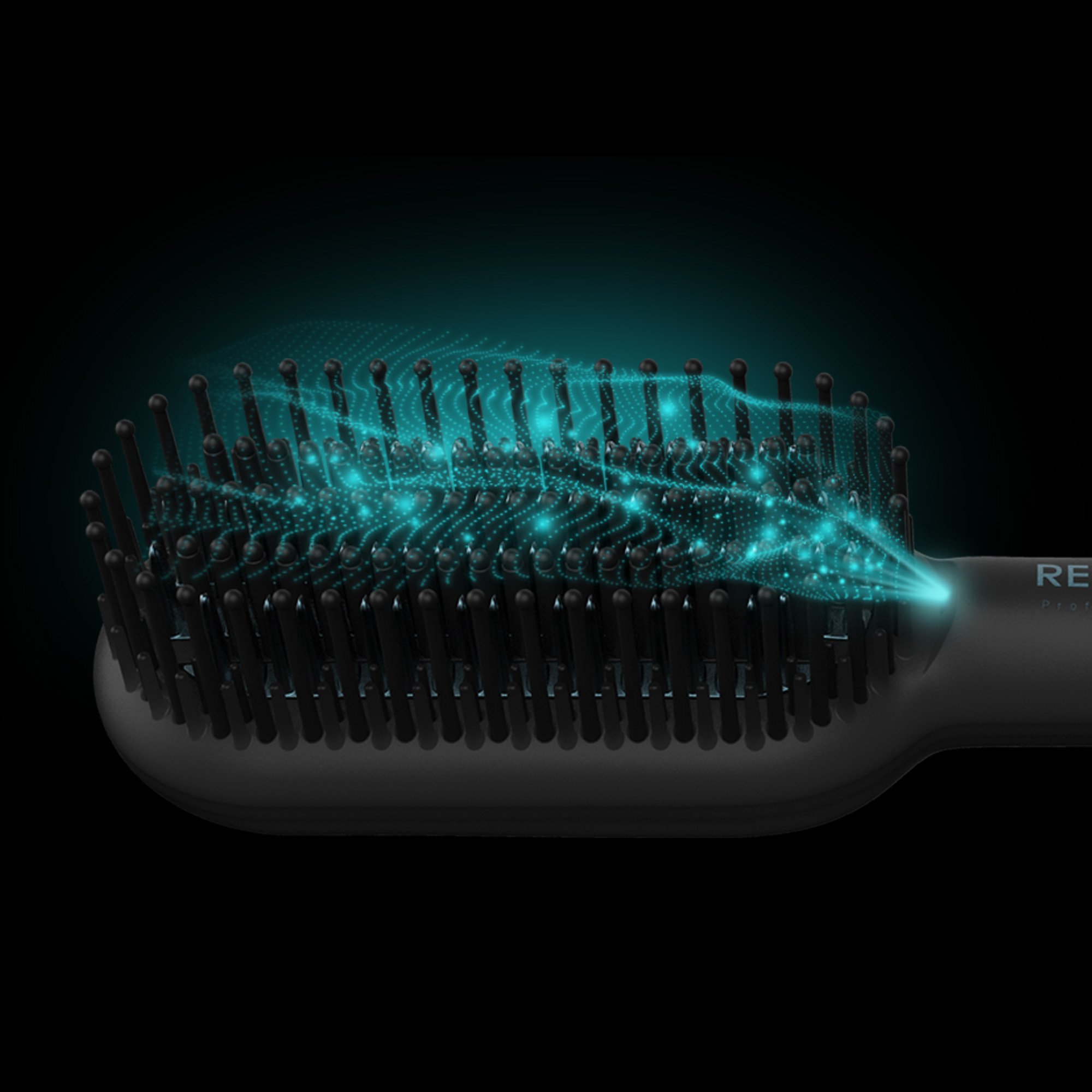 Spazzola lisciante per capelli con effetto luce blu brillante, che mostra la tecnologia.