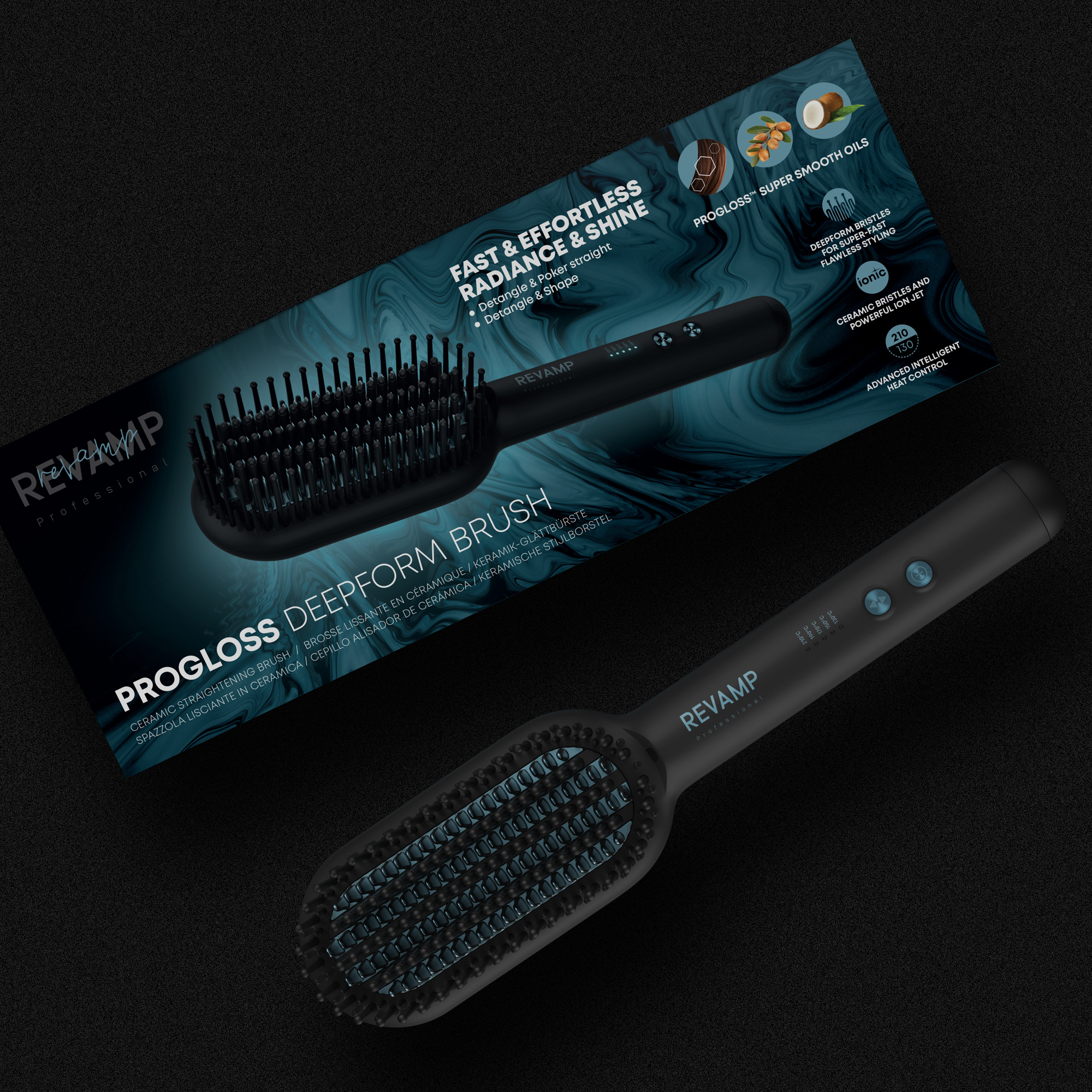 Una spazzola nera Revamp Progloss Deepform. La spazzola è angolata e ha un manico nero.