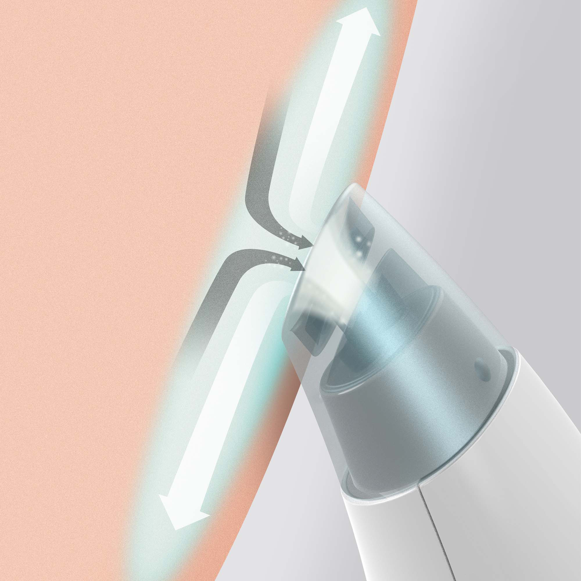 Zbliżenie białego urządzenia kosmetycznego na skórze, ze strzałkami wskazującymi ssanie.