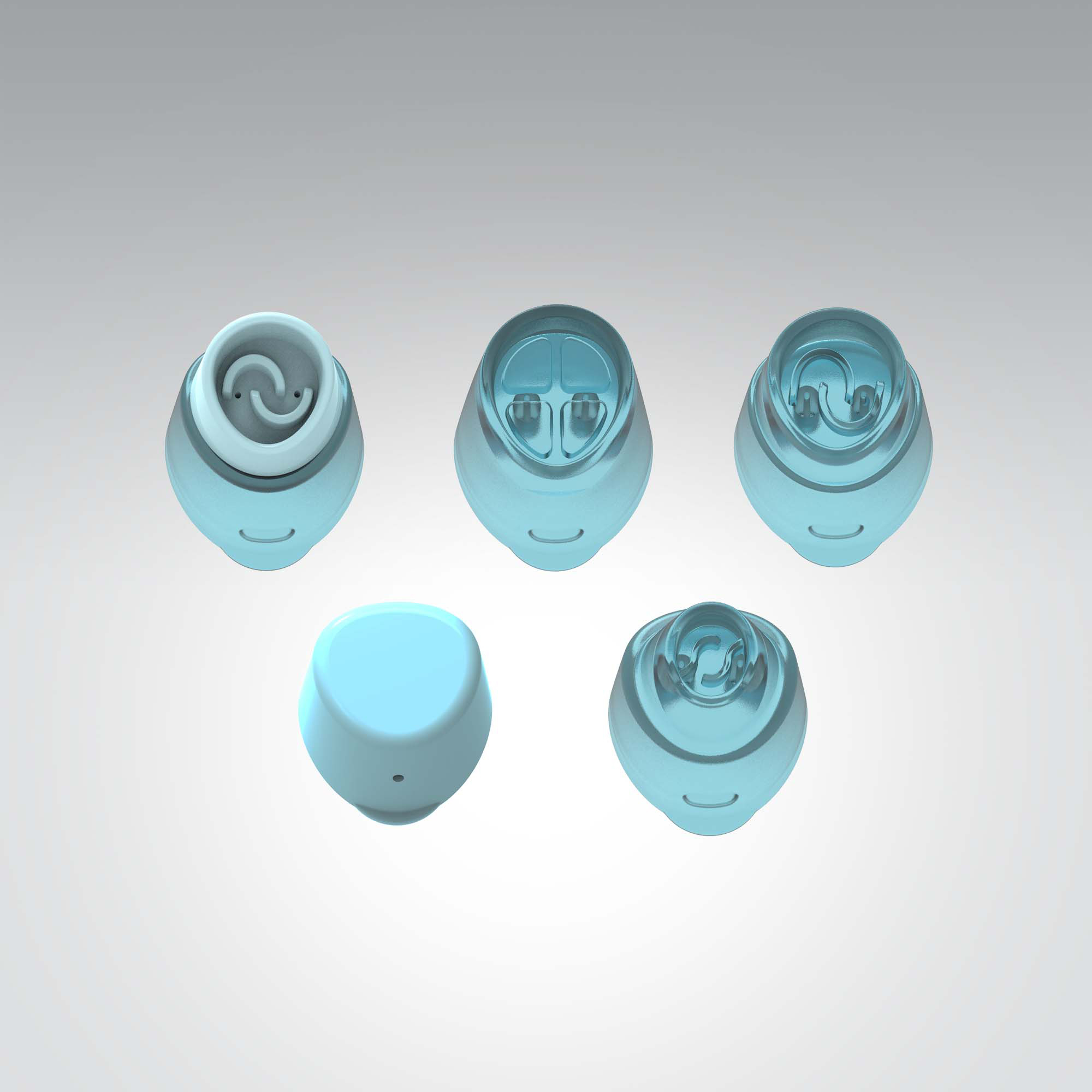 Pięć jasnoniebieskich elementów słuchawek i jedno jasnoniebieskie etui, ułożone na jasnoszarej powierzchni.