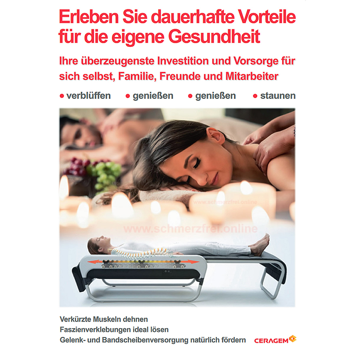 Eine Frau bekommt eine Massage. Darunter ein Massagetisch mit einer Person darauf.