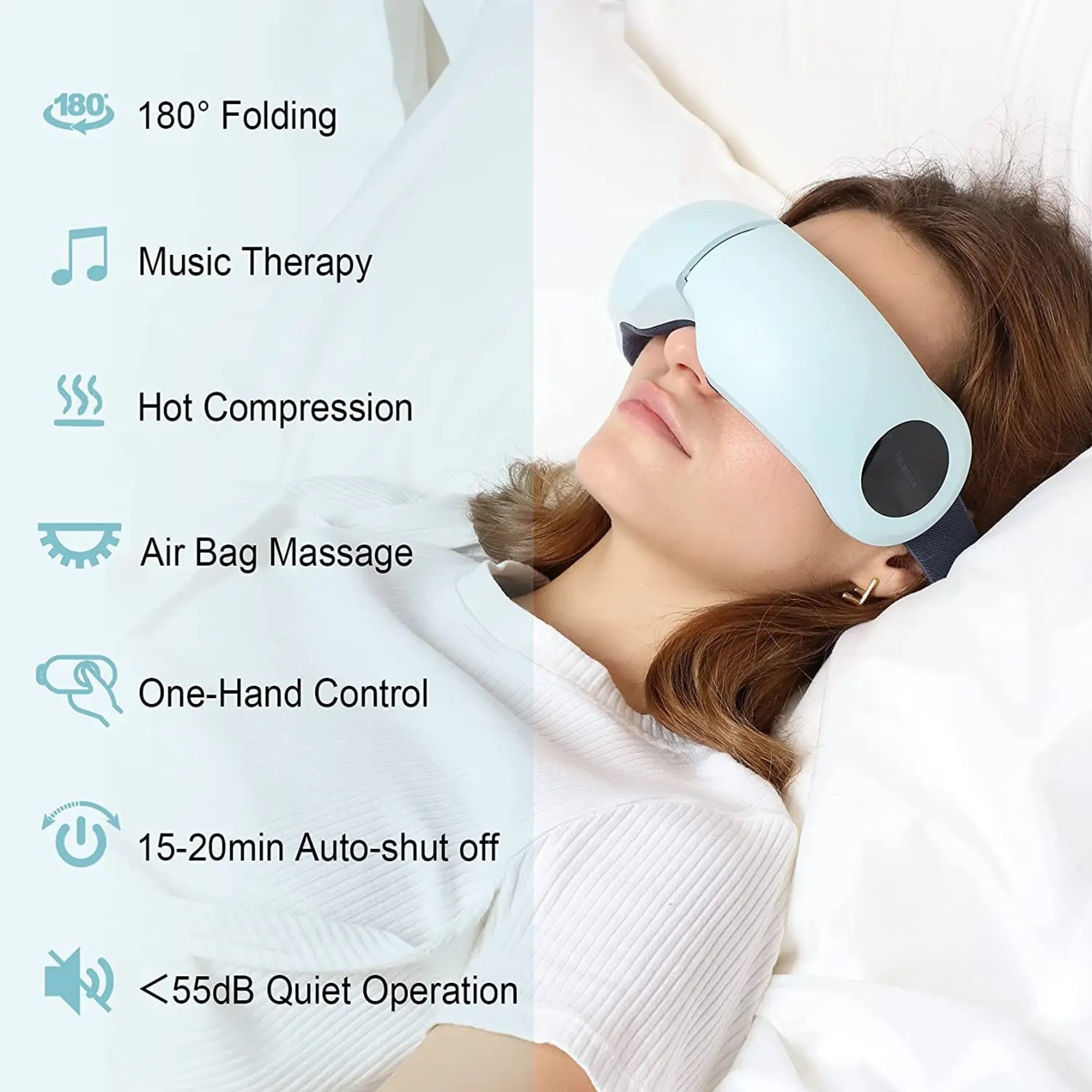 Kobieta w jasnoniebieskiej masce na oczy, leżąca w łóżku. Etykiety tekstowe po lewej stronie.