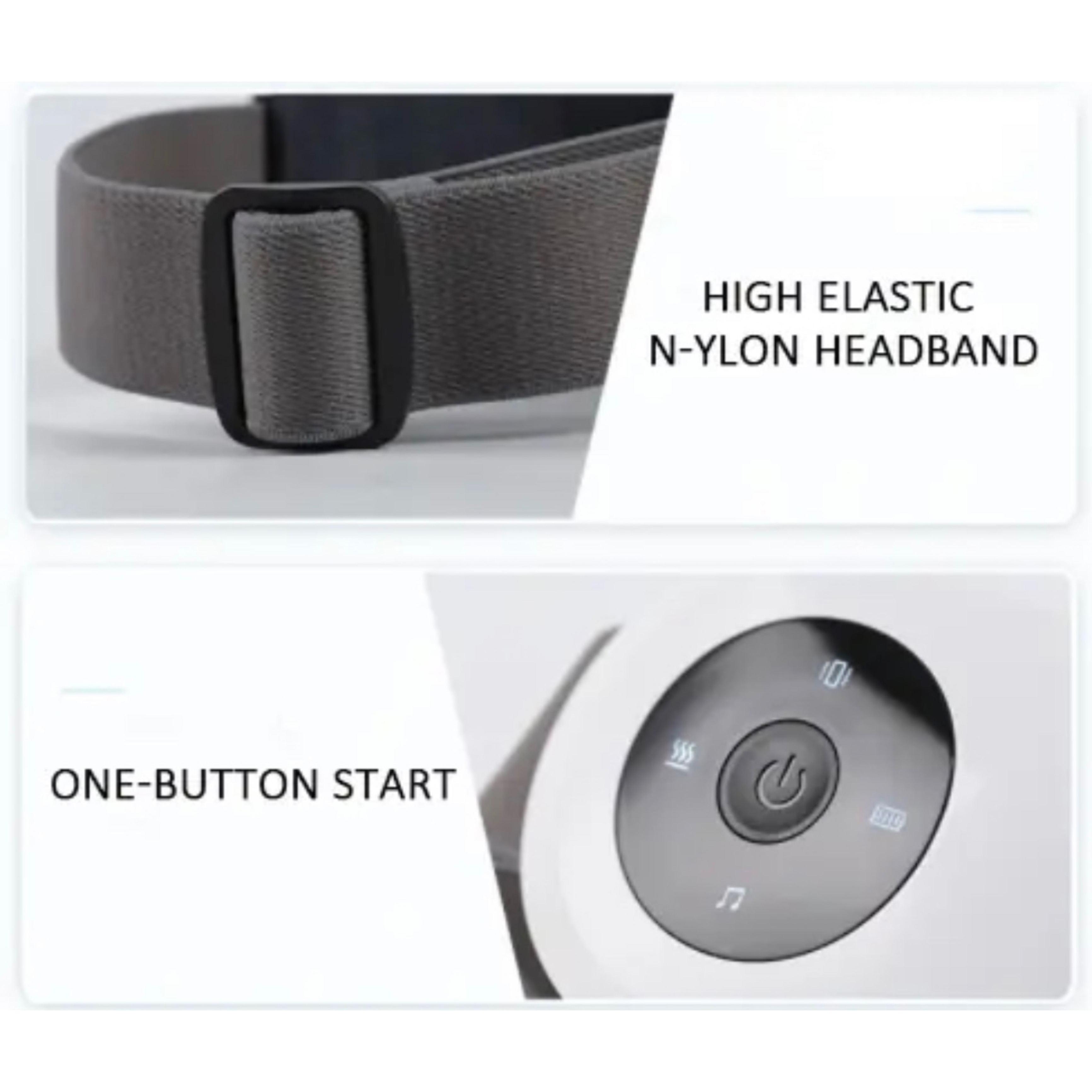 Zbliżenie szarej nylonowej opaski na głowę z czarną klamrą. Tekst: Wysoce elastyczna nylonowa opaska na głowę. Start jednym przyciskiem.
