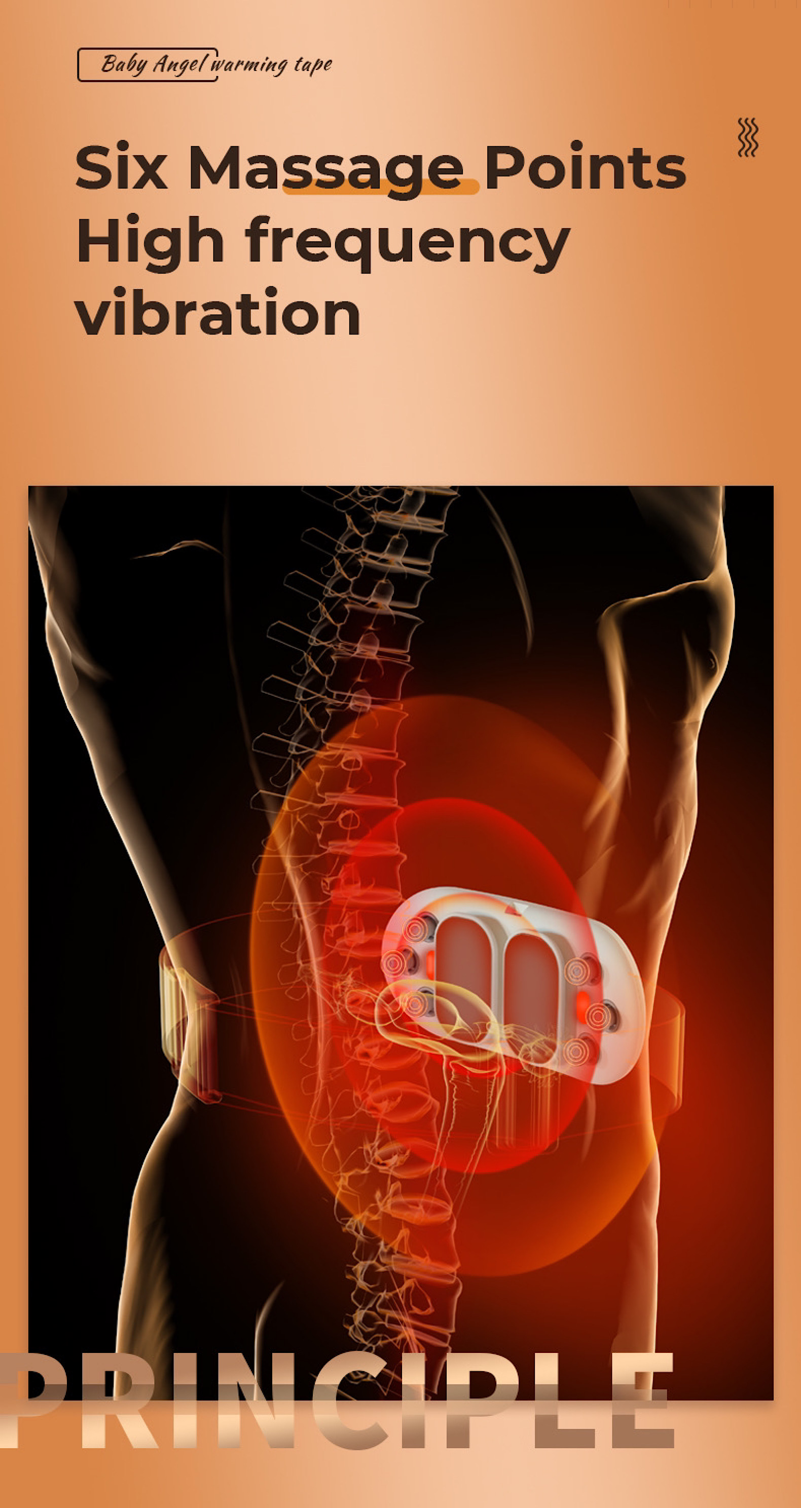 Diagram przedstawiający urządzenie do masażu na plecach osoby, z tekstem o punktach masażu.