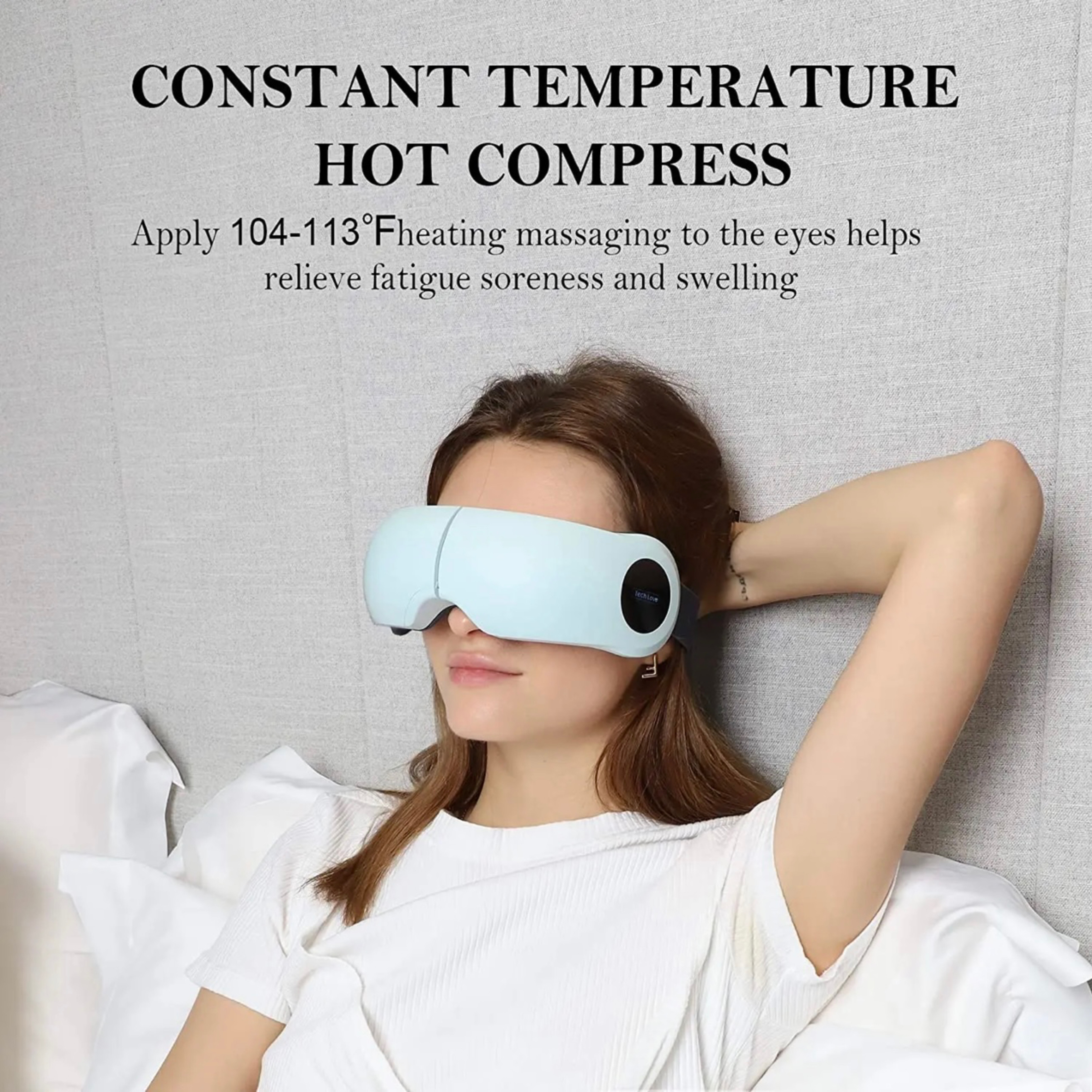 Kobieta nosząca niebieski masażer do oczu. Tekst: Kompres ciepły o stałej temperaturze. Pomaga na zmęczenie i obrzęk.