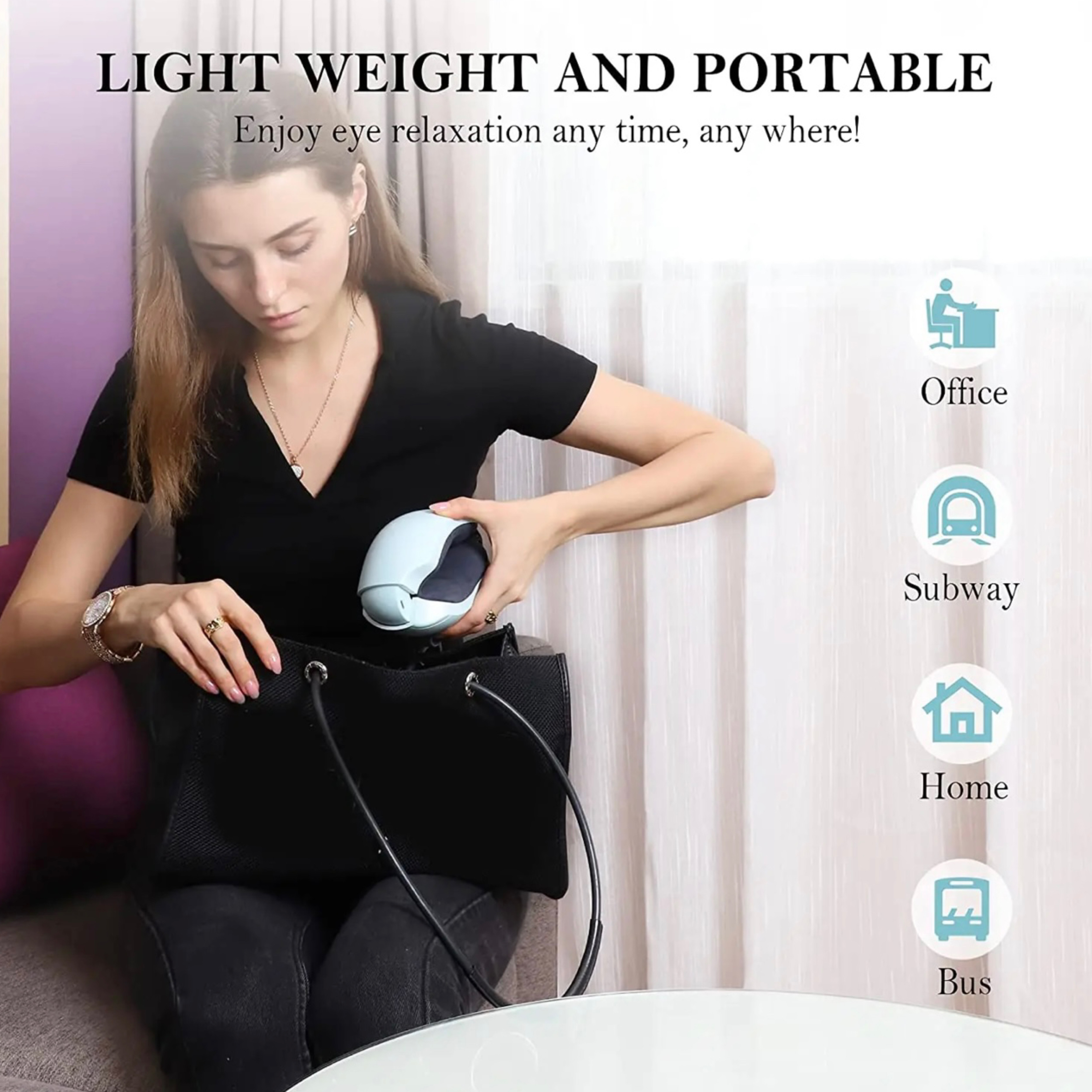 Kobieta trzymająca przenośny masażer do oczu, z ikonami wokół.