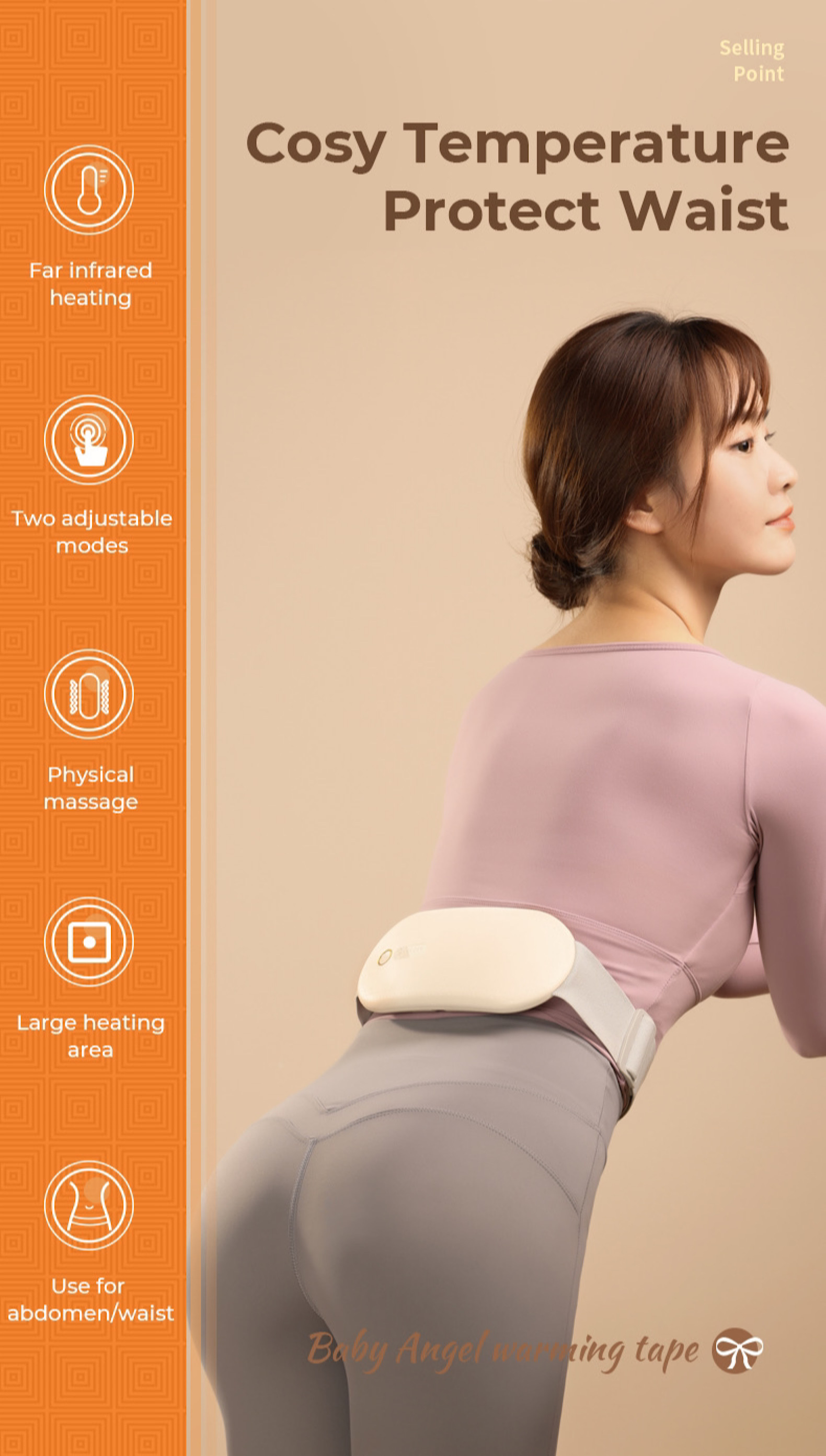 Kobieta z pasem rozgrzewającym, pomarańczowe tło, z tekstem.
