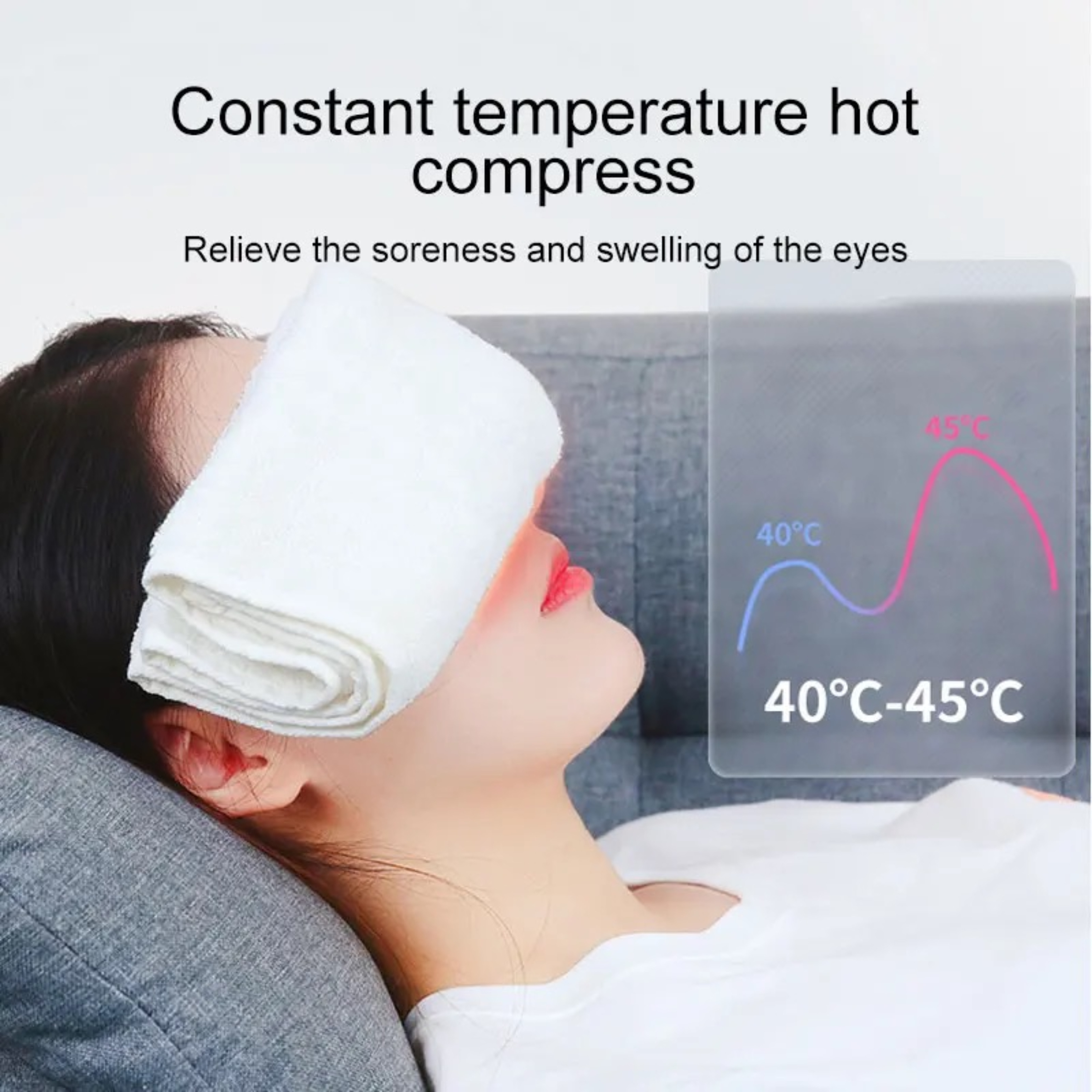 Kobieta z ręcznikiem na oczach, wykres zakresu temperatur. Tekst: kompres cieplny o stałej temperaturze.