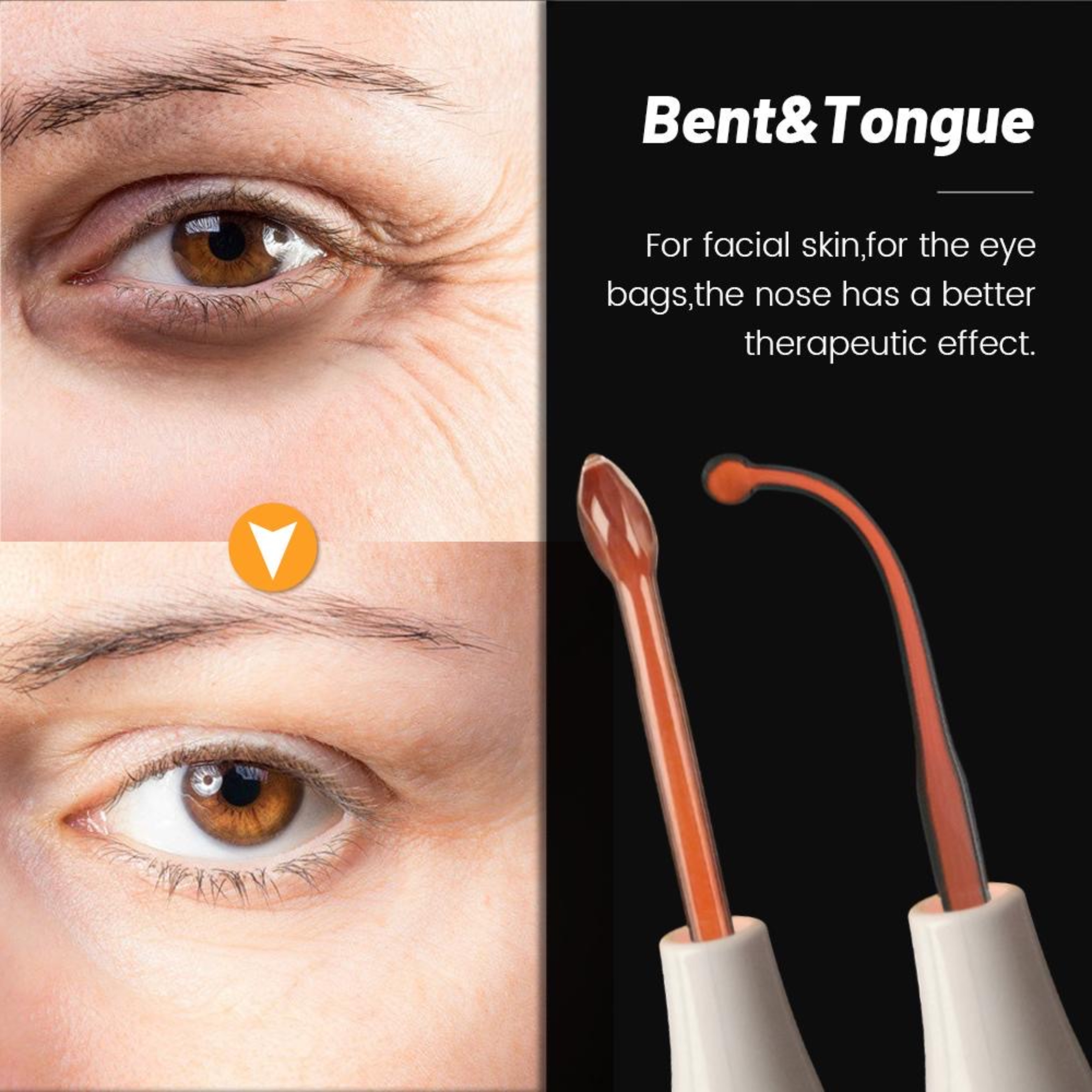 Zbliżenie oczu, jedno ze zmarszczkami, drugie z narzędziem do zabiegów w pobliżu.