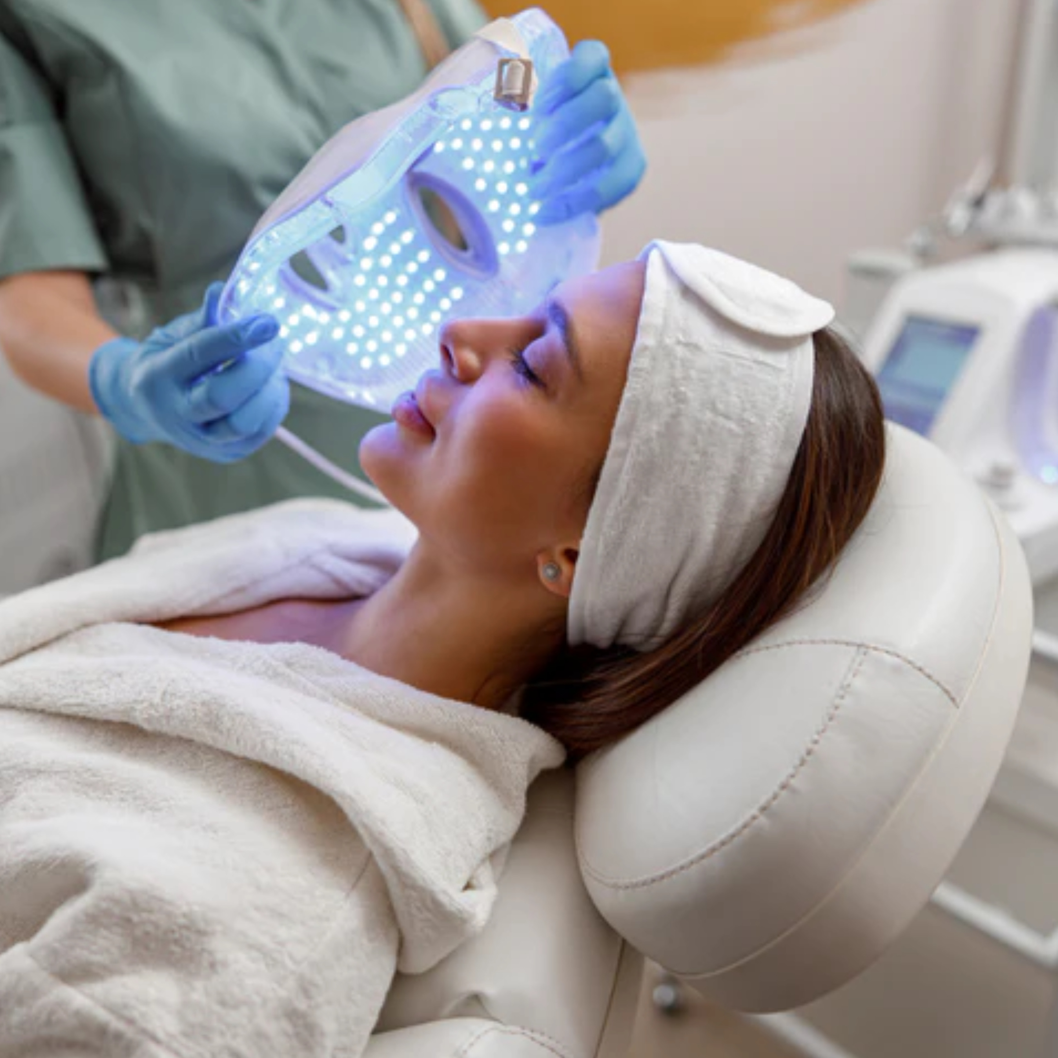 Kobieta otrzymująca terapię światłem LED, w białej opasce, leżąca na fotelu.
