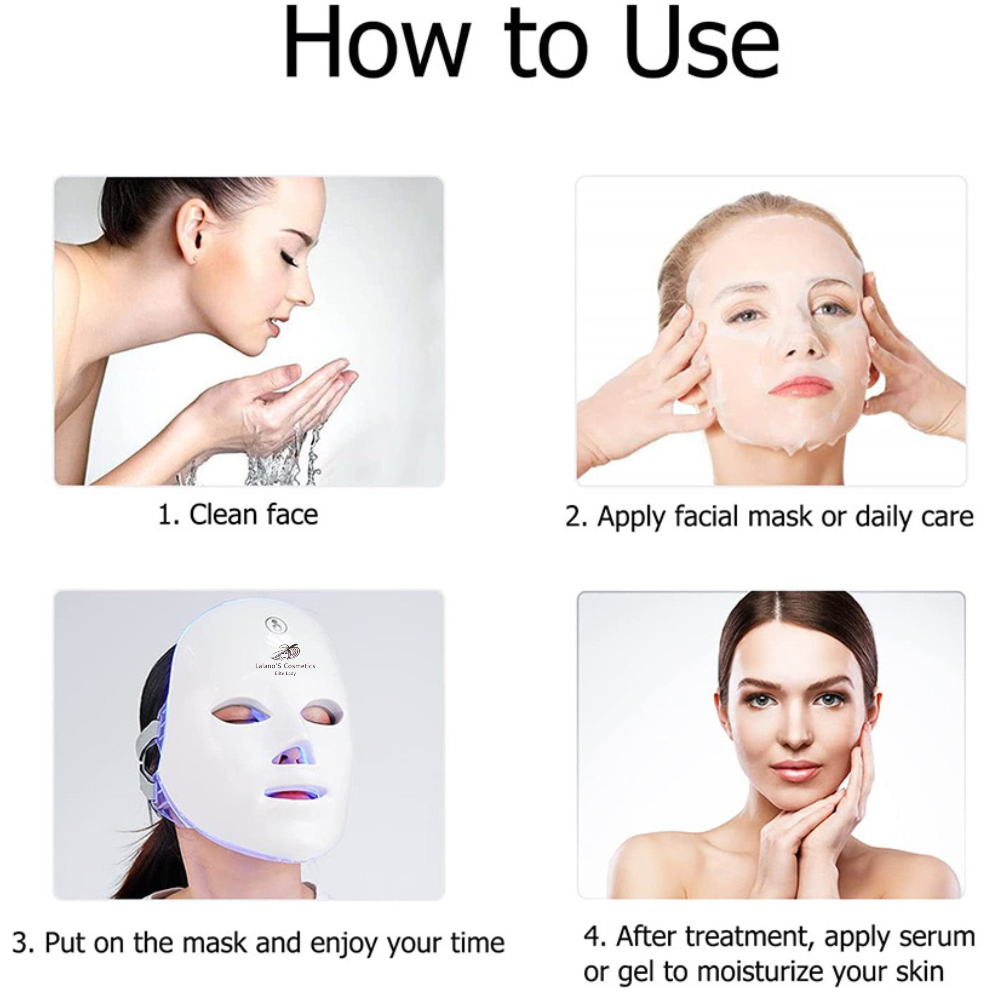 Obrazy pokazujące etapy pielęgnacji skóry: oczyszczanie, nakładanie maski, noszenie maski, nawilżanie.