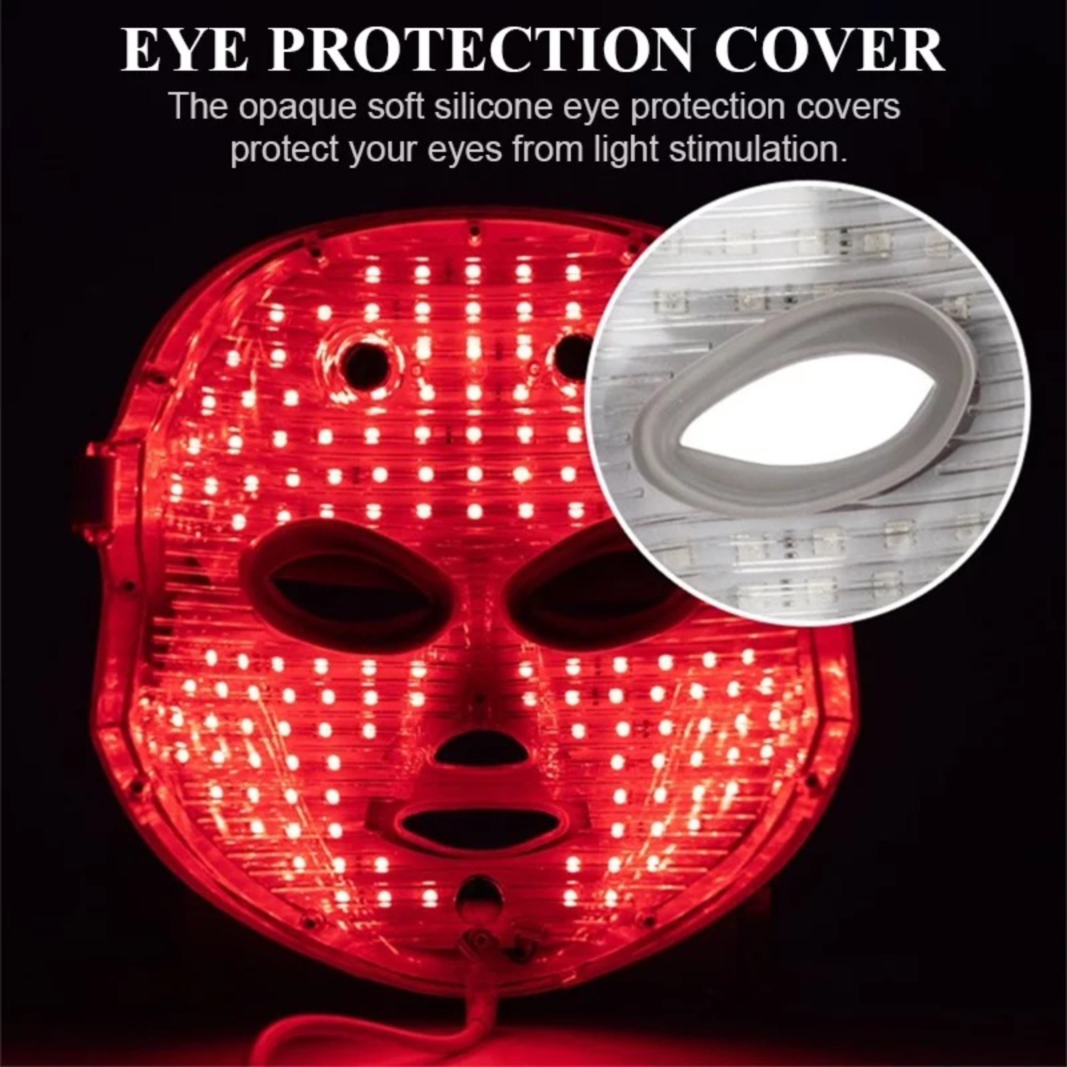 Czerwona maska ​​LED na twarz z kropkami światła. Zbliżenie pokazuje osłonę oczu.
