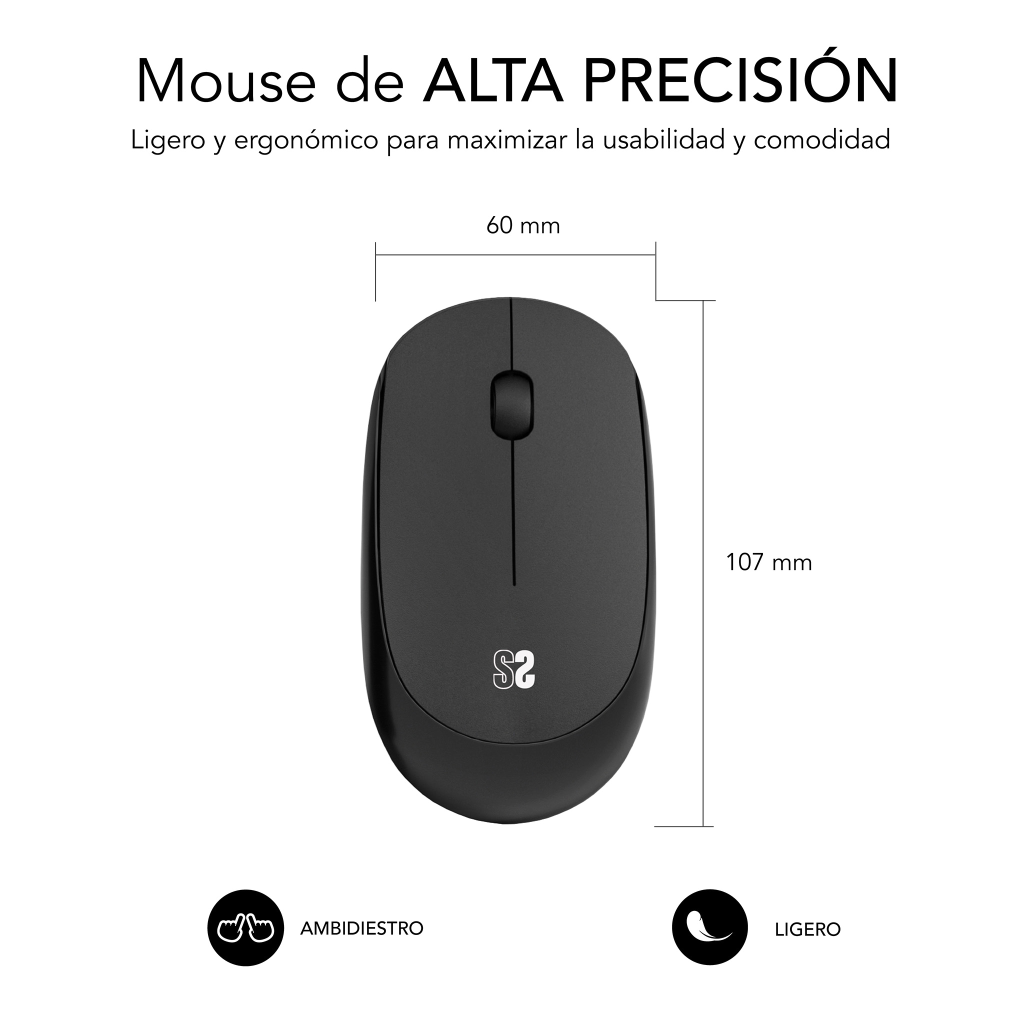 Mouse wireless nero con dimensioni e icone.