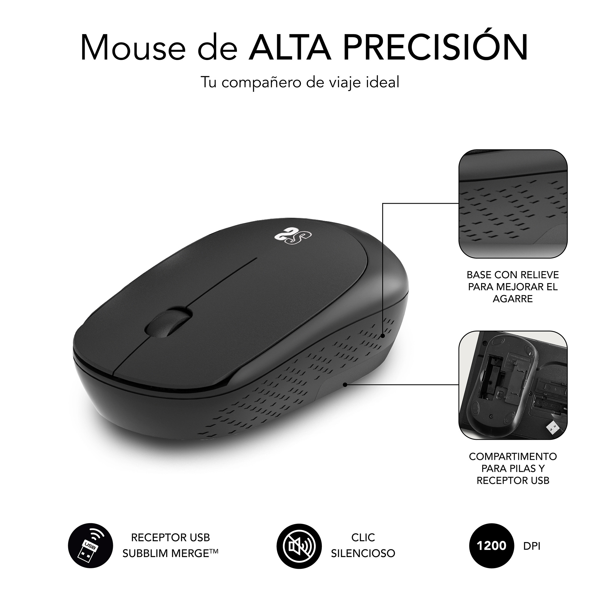 Mouse wireless nero con impugnatura strutturata e ricevitore USB.