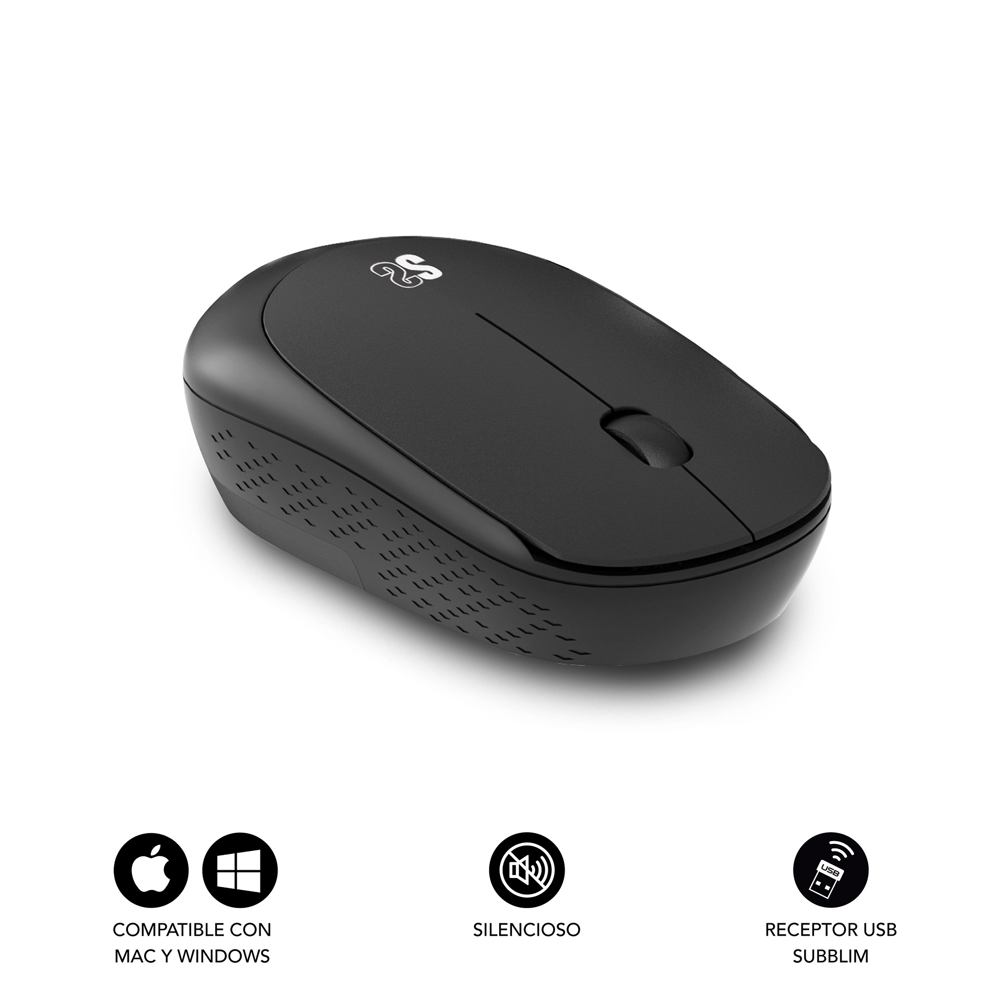 Mouse per computer nero. Ha una rotella di scorrimento e un logo, con pulsanti.