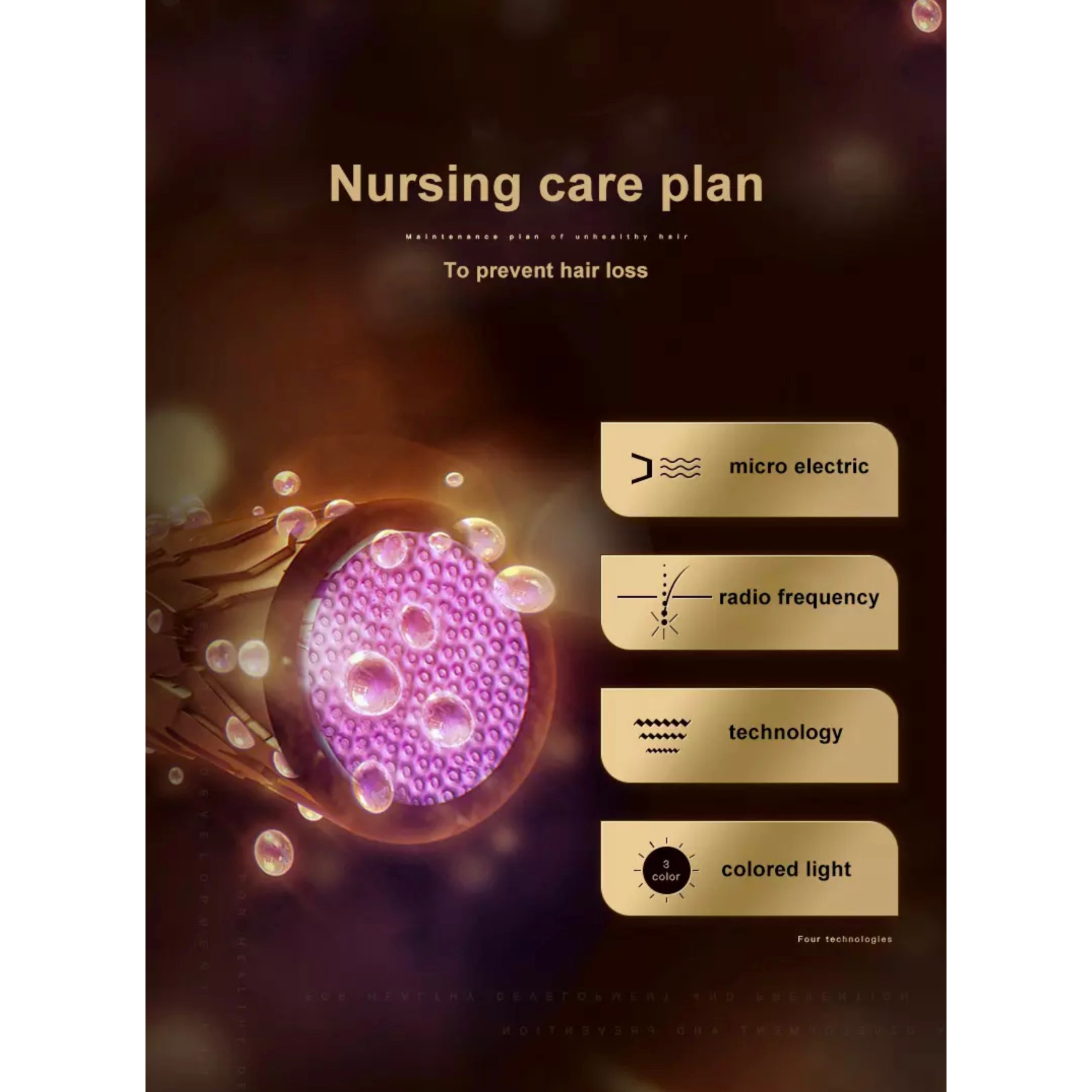 Schemat technologii pielęgnacji włosów, w tym mikroelektryczność i kolorowe światło.