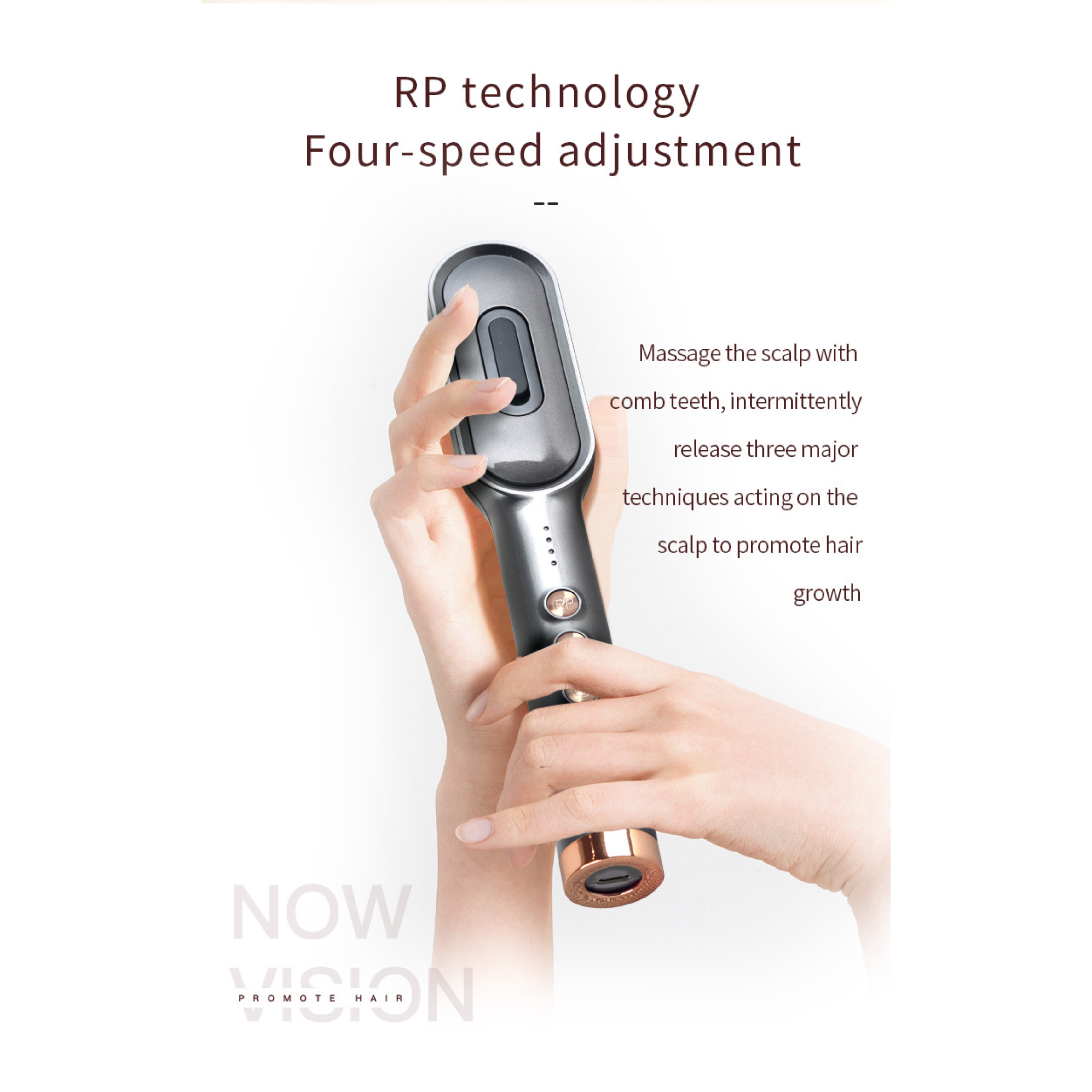 Dłoń trzymająca grzebień do wzrostu włosów, tekst o technologii.