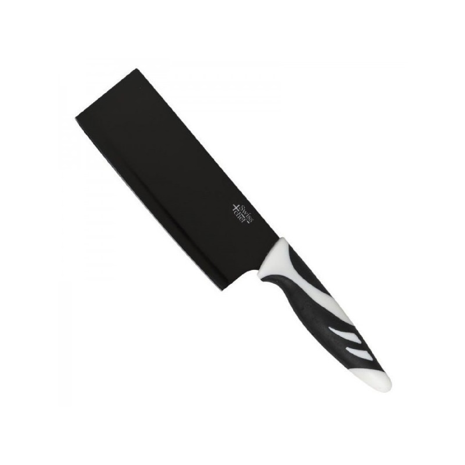 Cuchillo de cocina blanco y negro con una hoja rectangular grande.