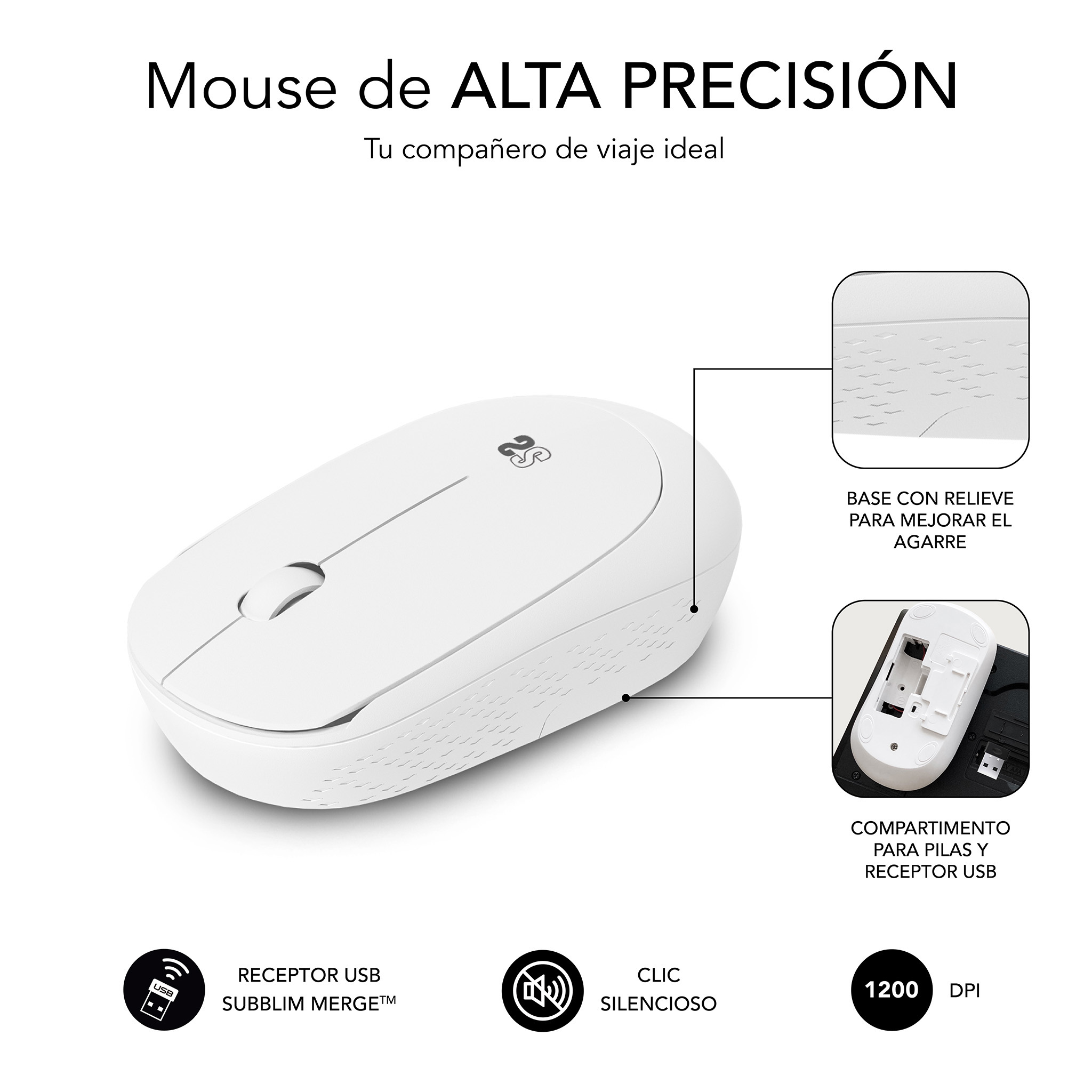 White wireless mouse with highlights of product features: USB receiver, silent click, and 1200 DPI.