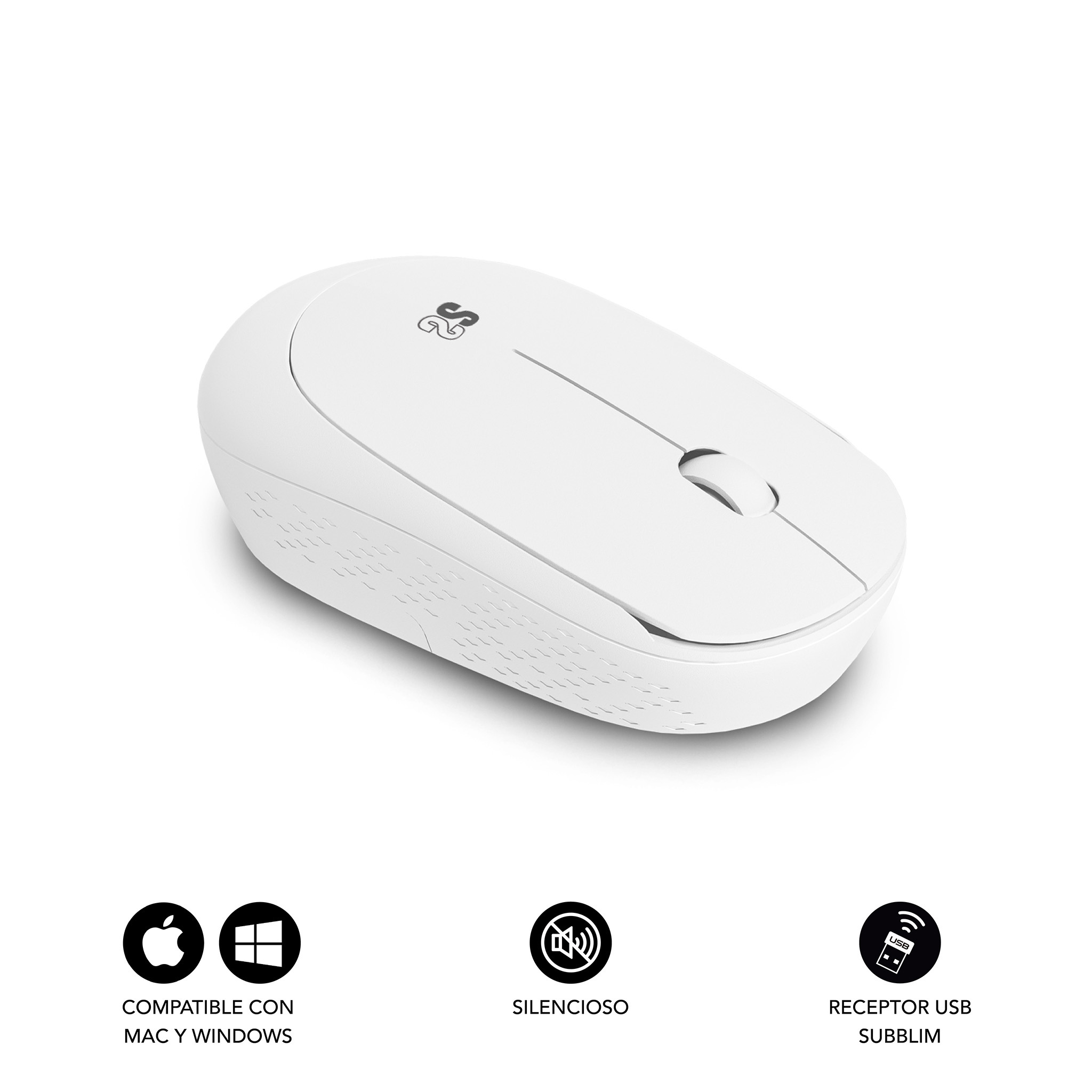White wireless mouse with Mac and Windows compatibility icons.