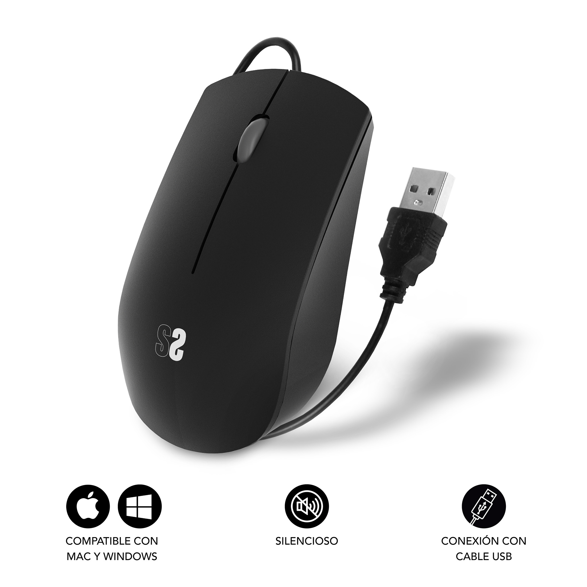 Ratón de ordenador negro con cable USB. El fondo es blanco.