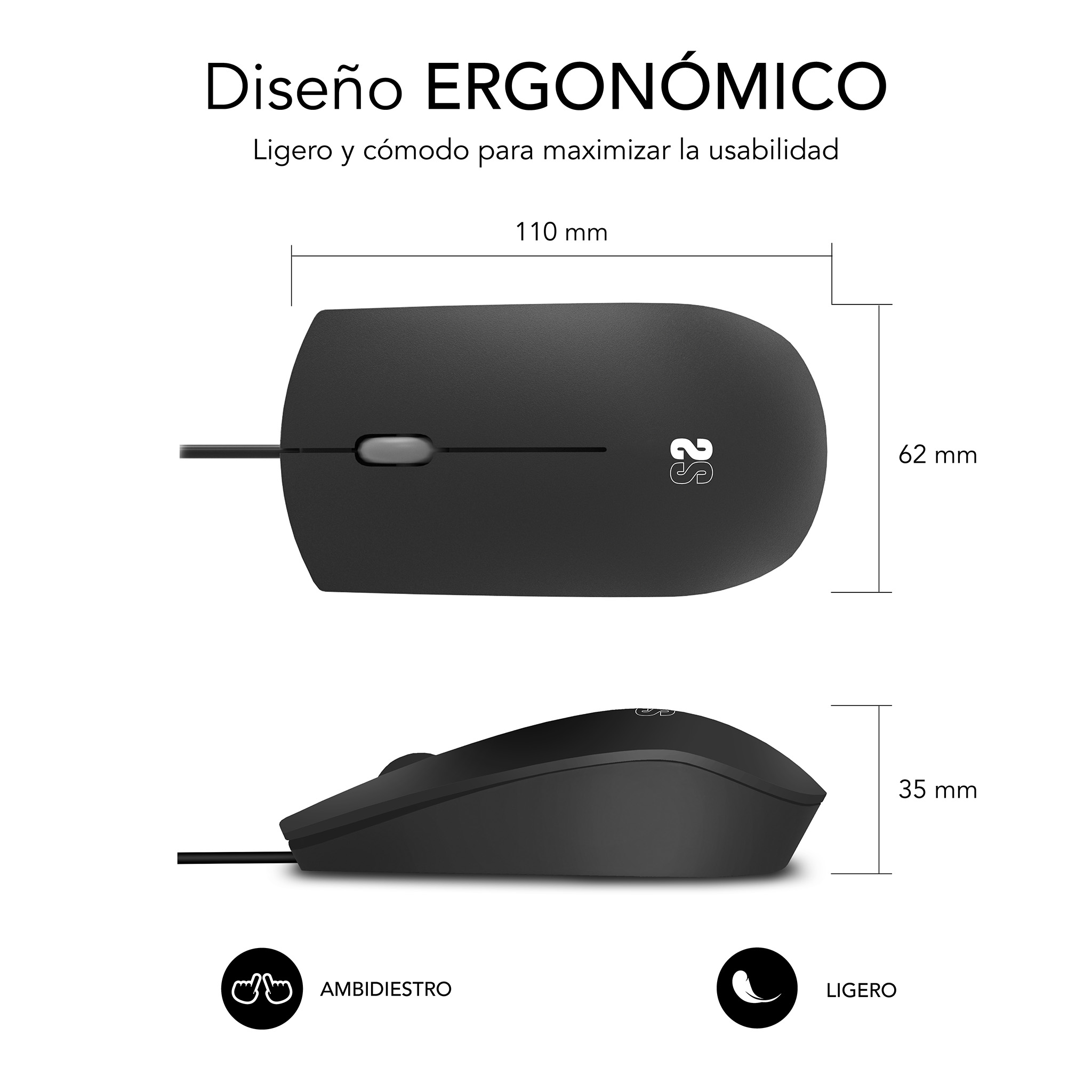Un ratón ambidiestro negro con dimensiones y texto descriptivo.