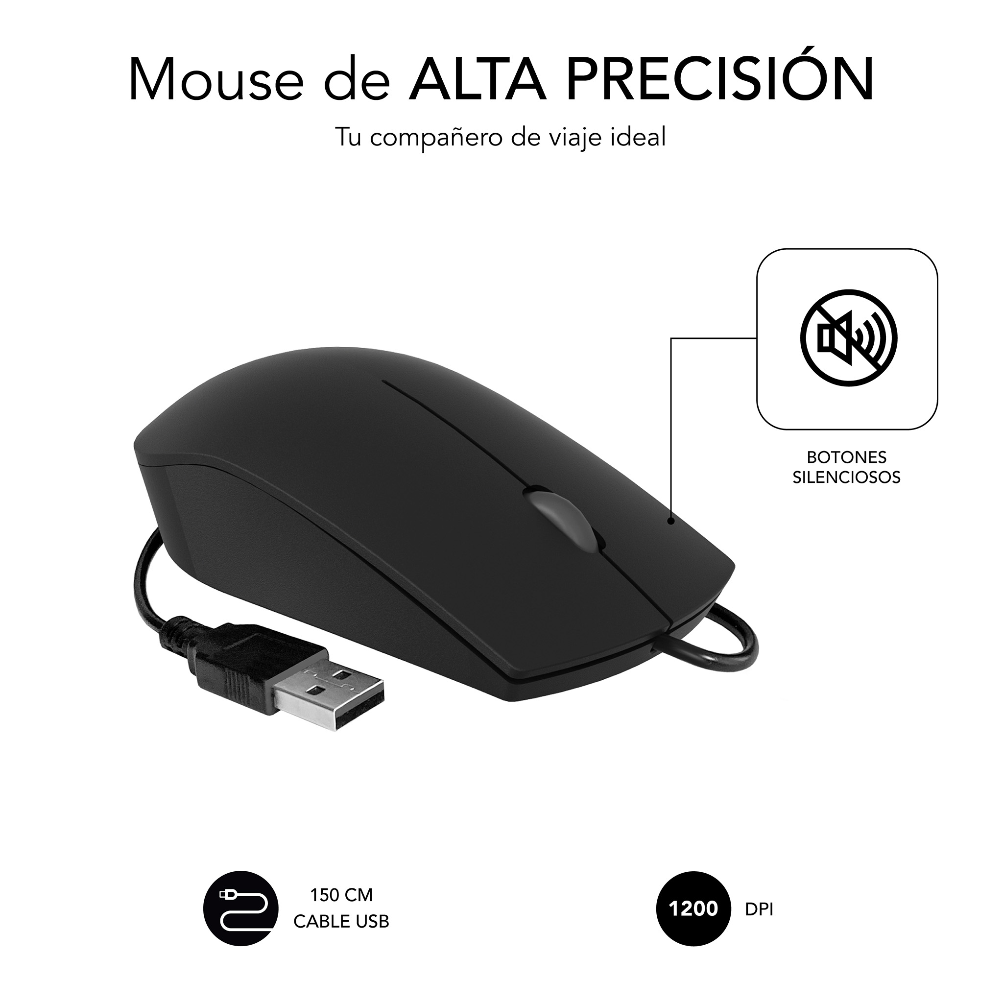 Un ratón negro con cable USB, botones silenciosos y texto.