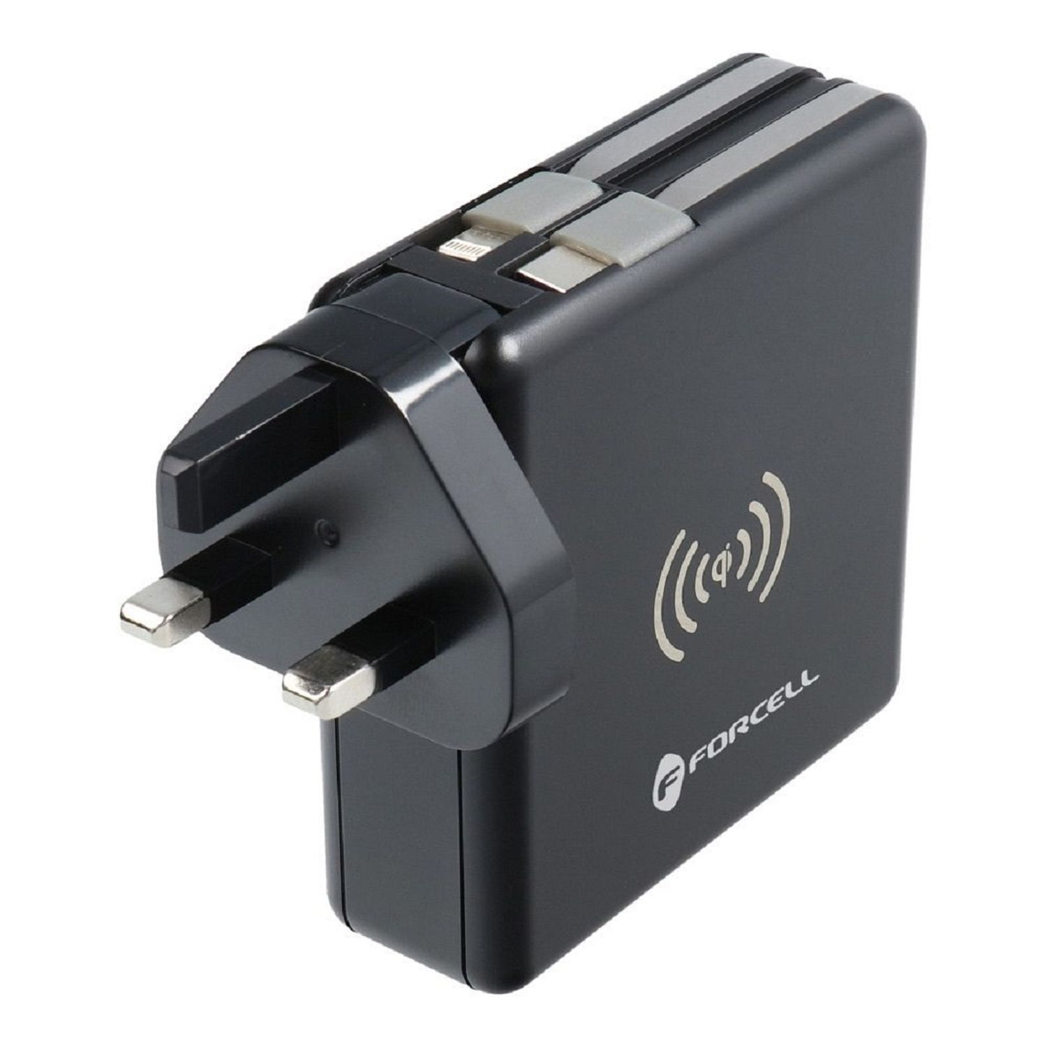 Schwarzes kabelloses Ladegerät mit Stecker. Es hat Ladesymbole und einen Markennamen.