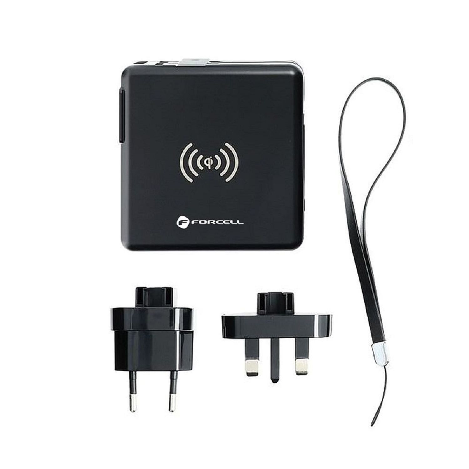 Schwarze, kabellose Powerbank mit drei Adaptersteckern und einem Schlüsselband. Weißer Hintergrund.