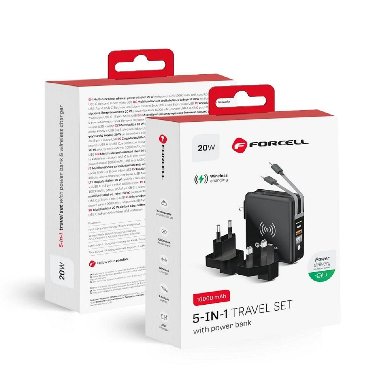 Zwei Boxen eines 5-in-1-Reisesets mit Powerbank und kabellosem Ladegerät. Text in mehreren Sprachen.