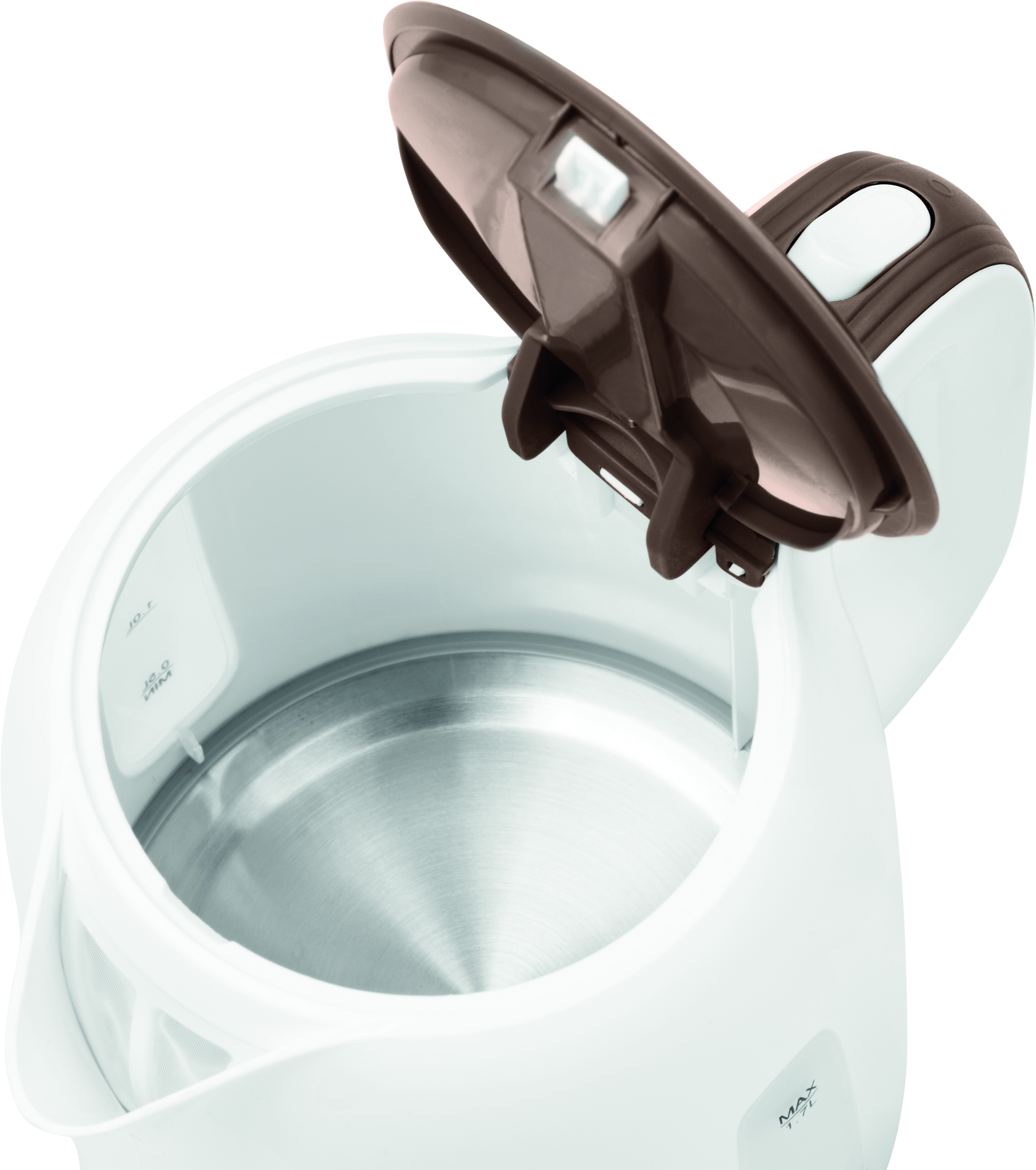 Otwarty, biały czajnik elektryczny z brązową pokrywą. Wnętrze ze stali nierdzewnej.