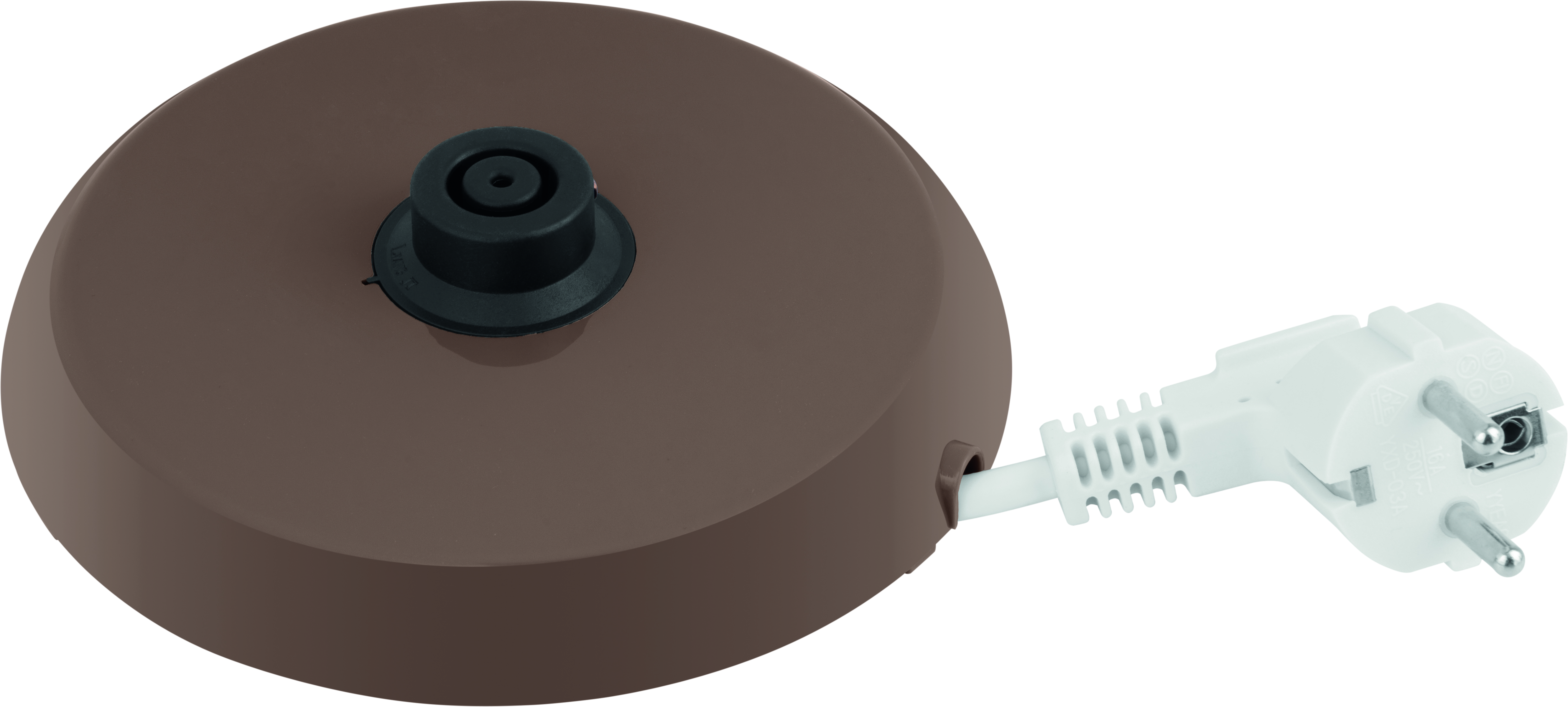 Brązowa podstawa czajnika elektrycznego z przewodem zasilającym i białą wtyczką.