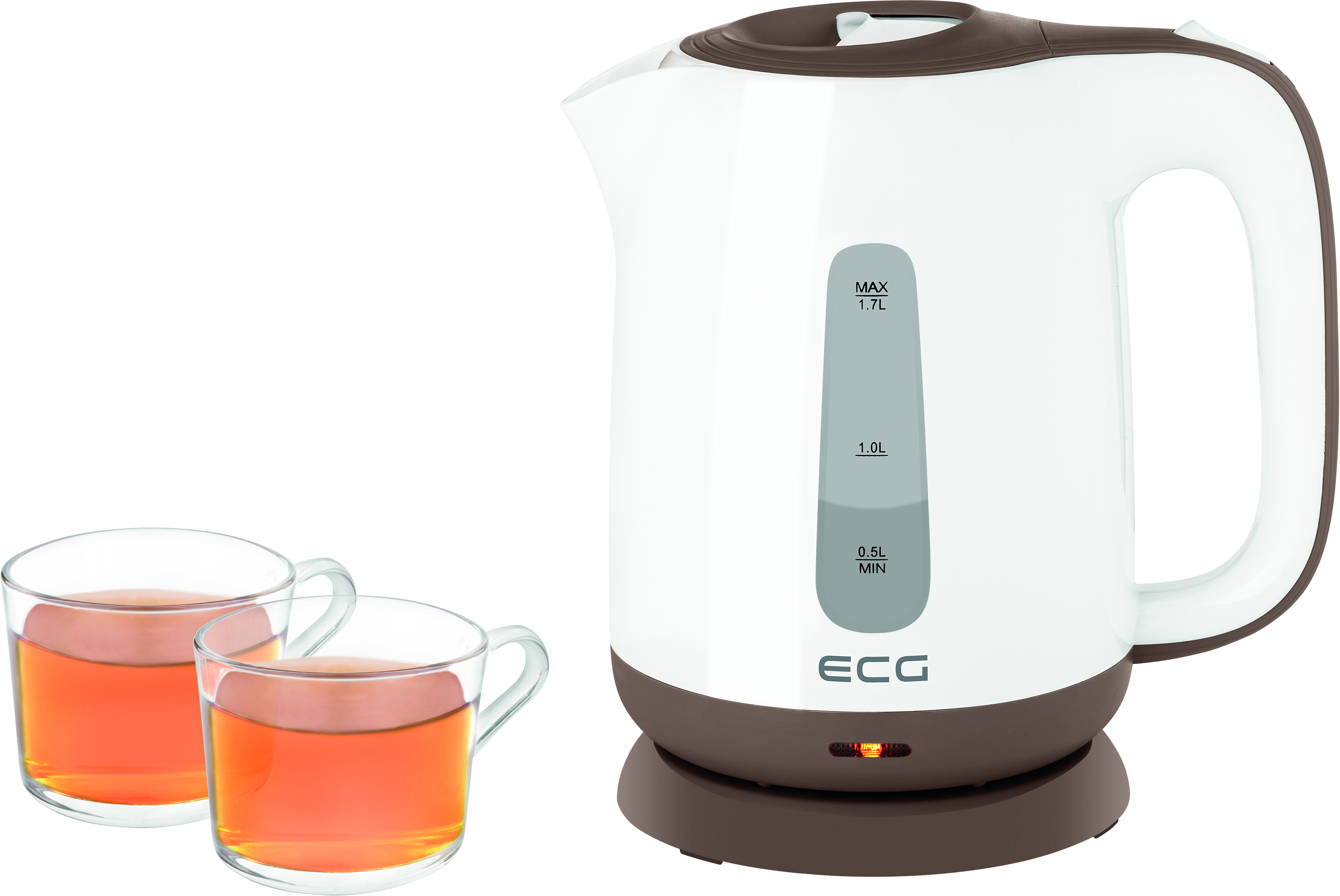 Biały i brązowy czajnik elektryczny z dwiema przezroczystymi szklankami herbaty. Białe tło.