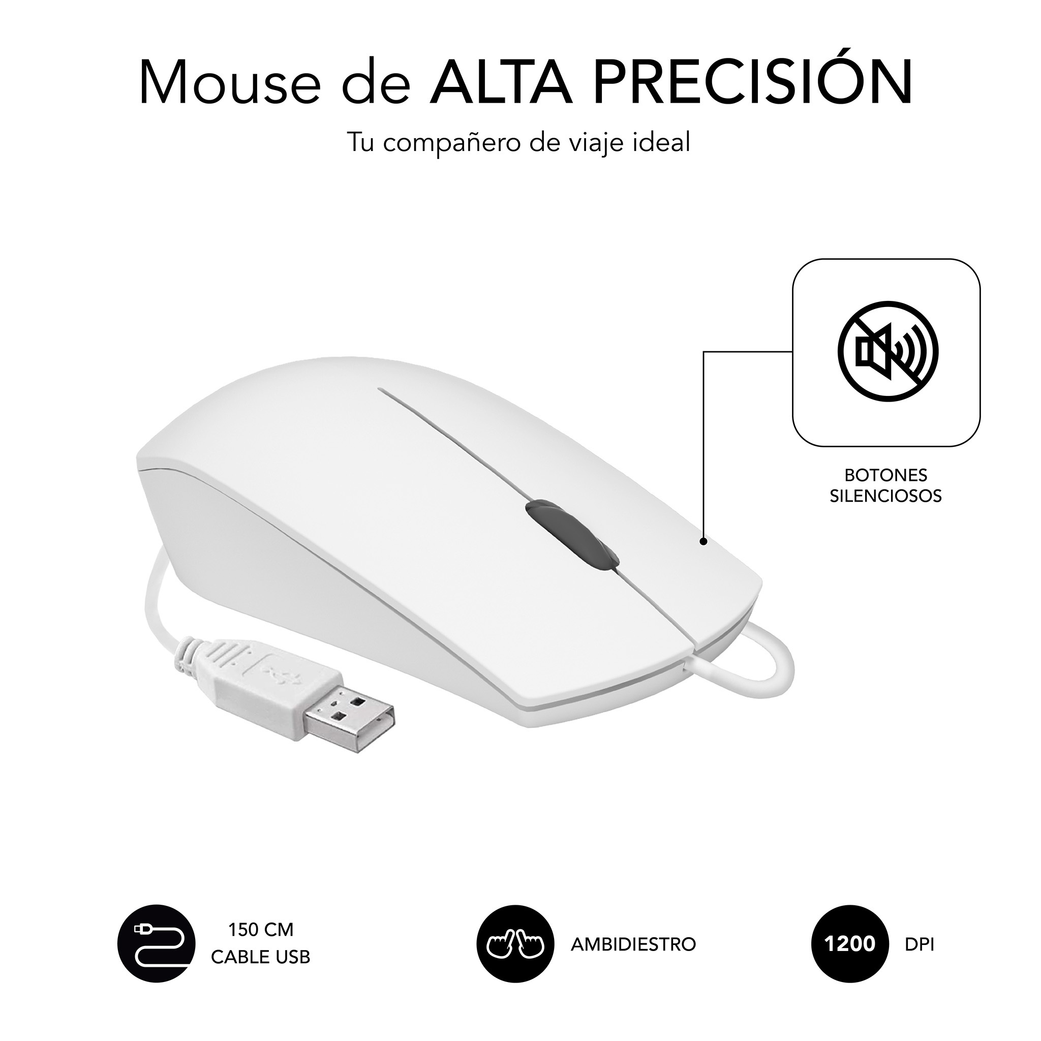 Ratón inalámbrico blanco con cable USB, botones silenciosos.