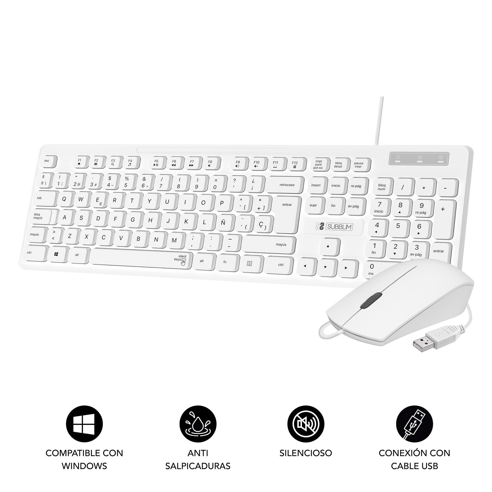 Teclado y ratón blancos, con compatibilidad con Windows y otros iconos. Cable USB conectado.