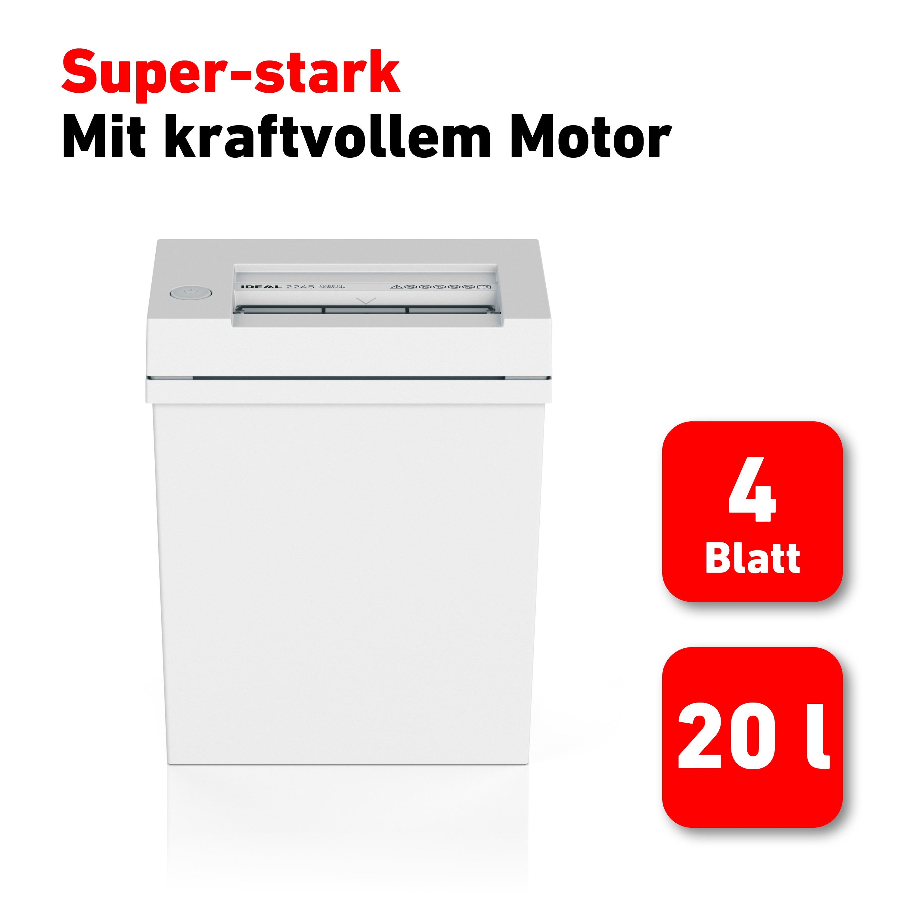 Weißer Aktenvernichter mit roten Etiketten, Zerkleinerungskapazität und Behältergröße.